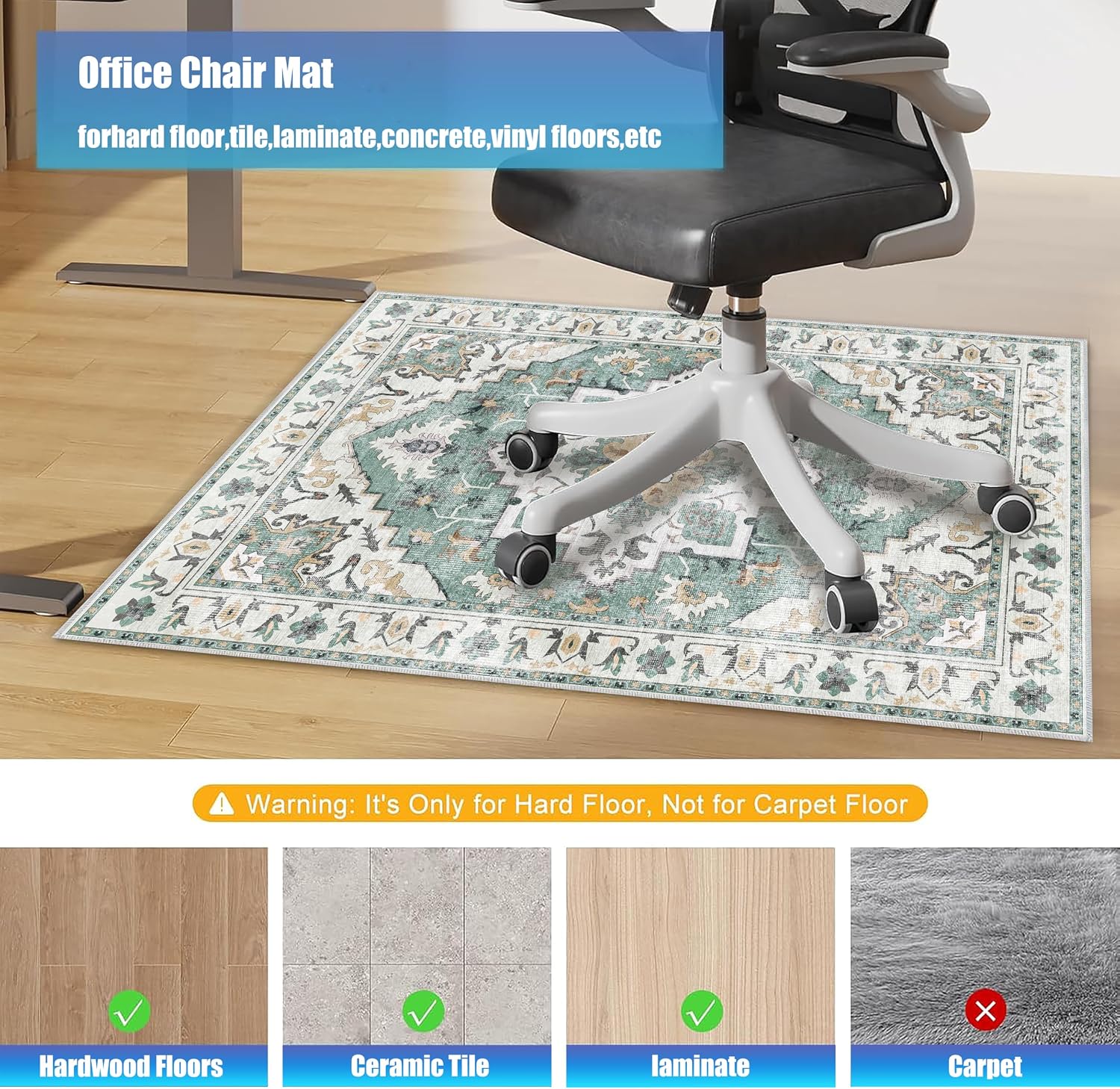 Office Chair Mat for Hardwood Floor, Anti Slip Desk Chair Mat for Rolling Chairs, Machine Washable Tile Lamiate Floors Protector for Computer Chair. (Green, 3.9ftx4.9ft)