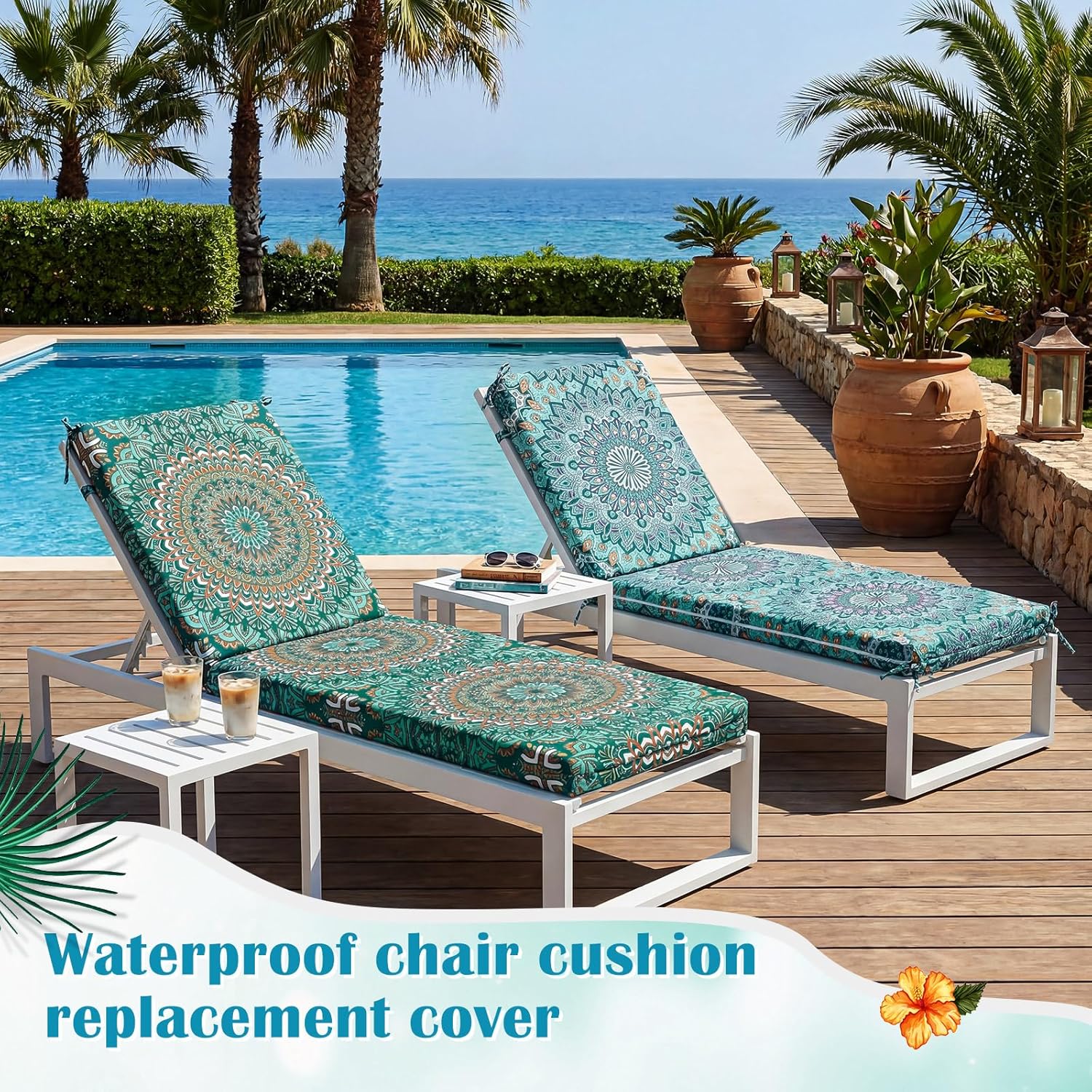 2 Pack Chaise Lounge Cushion Covers Outdoor (Not Includes Cushions) Waterproof Chair Cushion Replacement Covers 72 x 21 x 3 Inch for Patio Pool Lawn Slipcover with Ties(Bohemian)