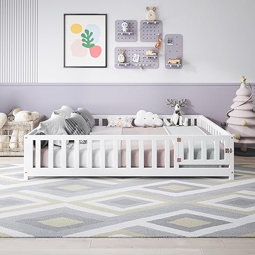 Miniatura 3 de Cama de madera resistente estilo Montessori para niños y niñas que aprenden a caminar, con materiales naturales con rieles y listones para mayor