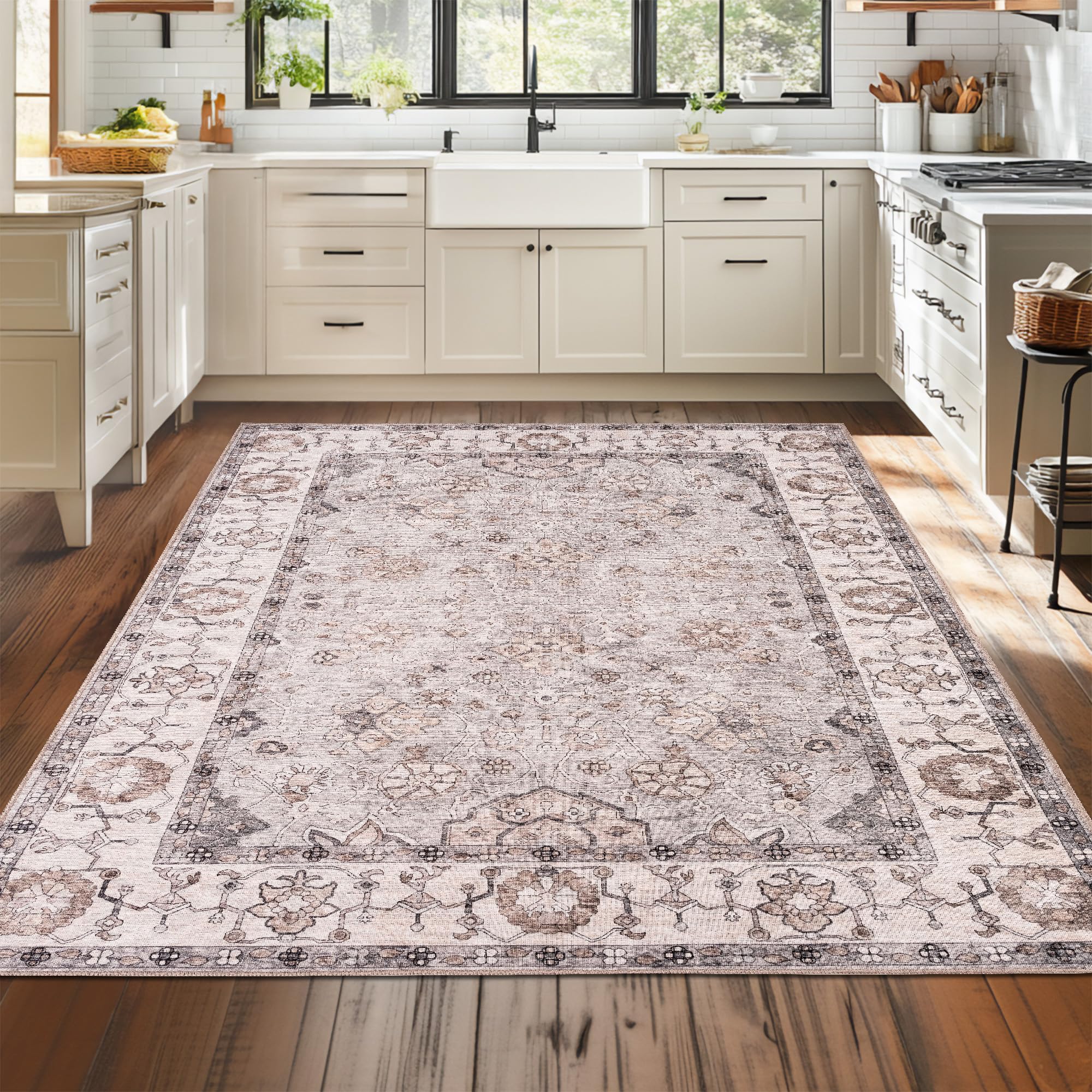 homeart Grand tapis lavable en machine - 67 % coton - Avec envers antidérapant - Ne perd pas ses poils - Pour salon, chambre à coucher, cuisine, salle à manger, couloir - Motif floral crème gris 200 x