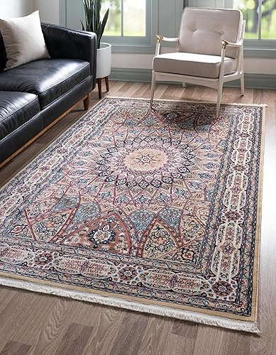 Rugs.com Rabia Collection - Alfombra baja beige de 5 x 8 pies, perfecta para dormitorios, comedores, salas de estar