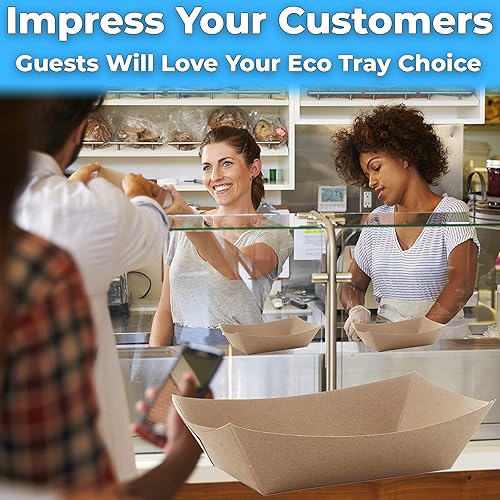 Miniatura 5 de Paquete de 50 bandejas ecológicas de 3 libras hechas en Estados Unidos contenedor de papel kraft compostable para comensales puestos de concesión o