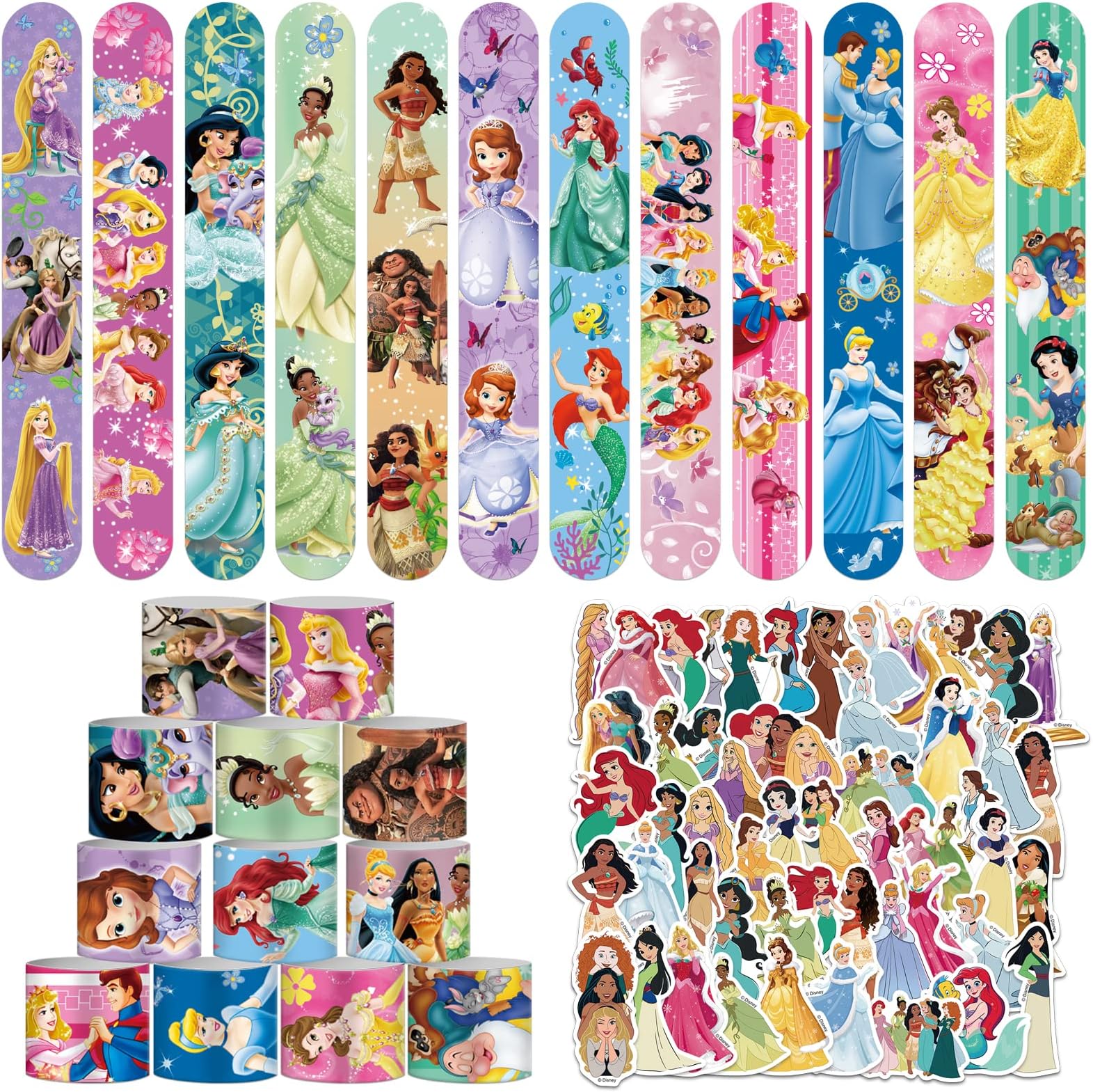 Princess Slap Bracelet - 36pcs Princess Slap Bracelet and 50 Pcs Stickers for Kids Boys & Girls Birthday Party Supplies Favors