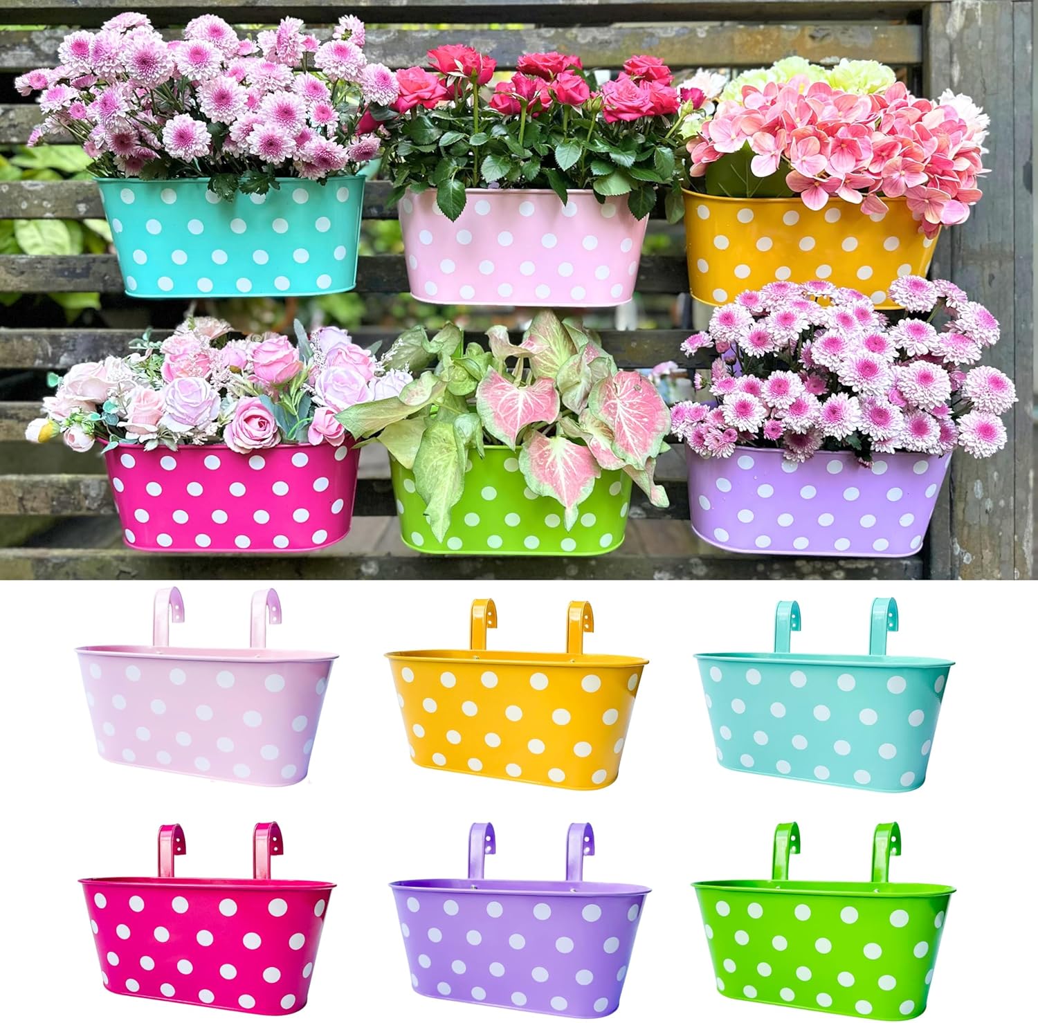 LaLaGreen Rail Planter Outdoor Plants (17 Inch, 6 Pack) Medium Colorful Metal Planters Iron Hanging Flower Pots Balcony Box Plant Holder Deck Railing Fence Herbs Garden Modern Porch Home Decor