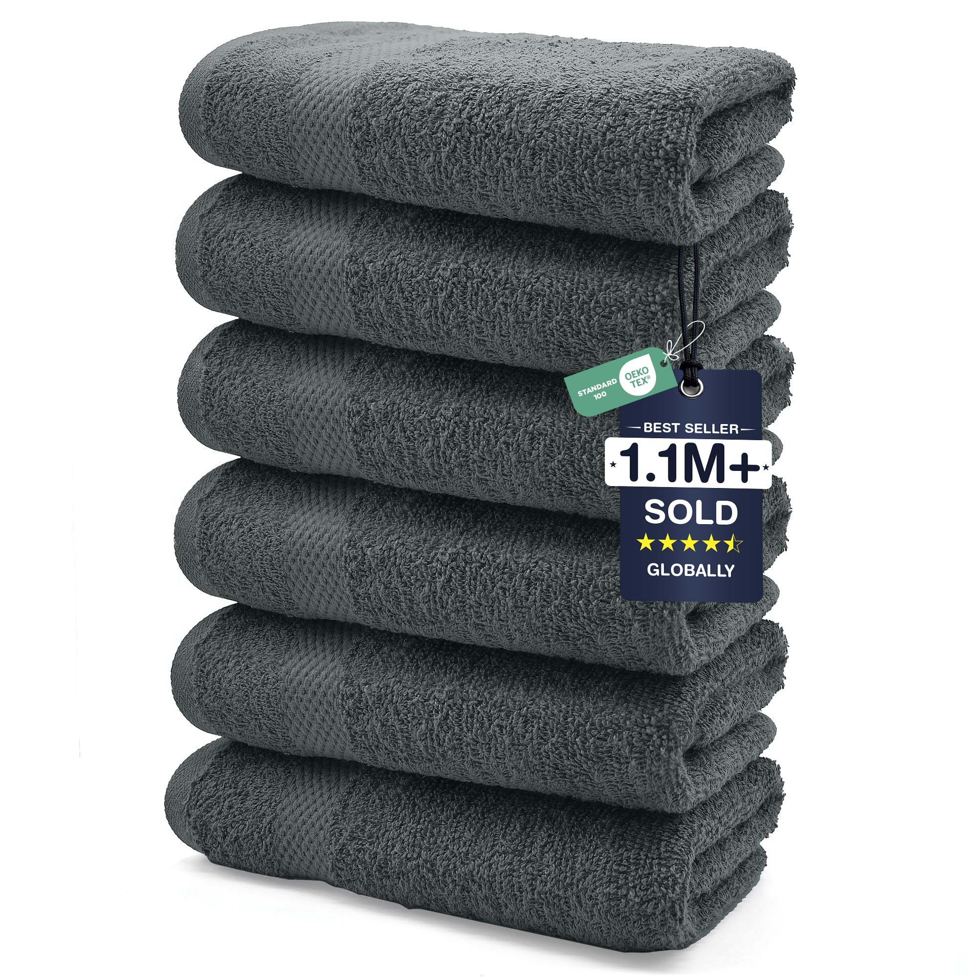 DAN RIVER 6-Pack Premium Hand Towels (16x28 Inches) - 100% Cotton, Ultra Soft, Lightweight, Highly Absorbent Towels for Bathroom, Spa, Gym, Salon, Hotel, and Travel – Gray