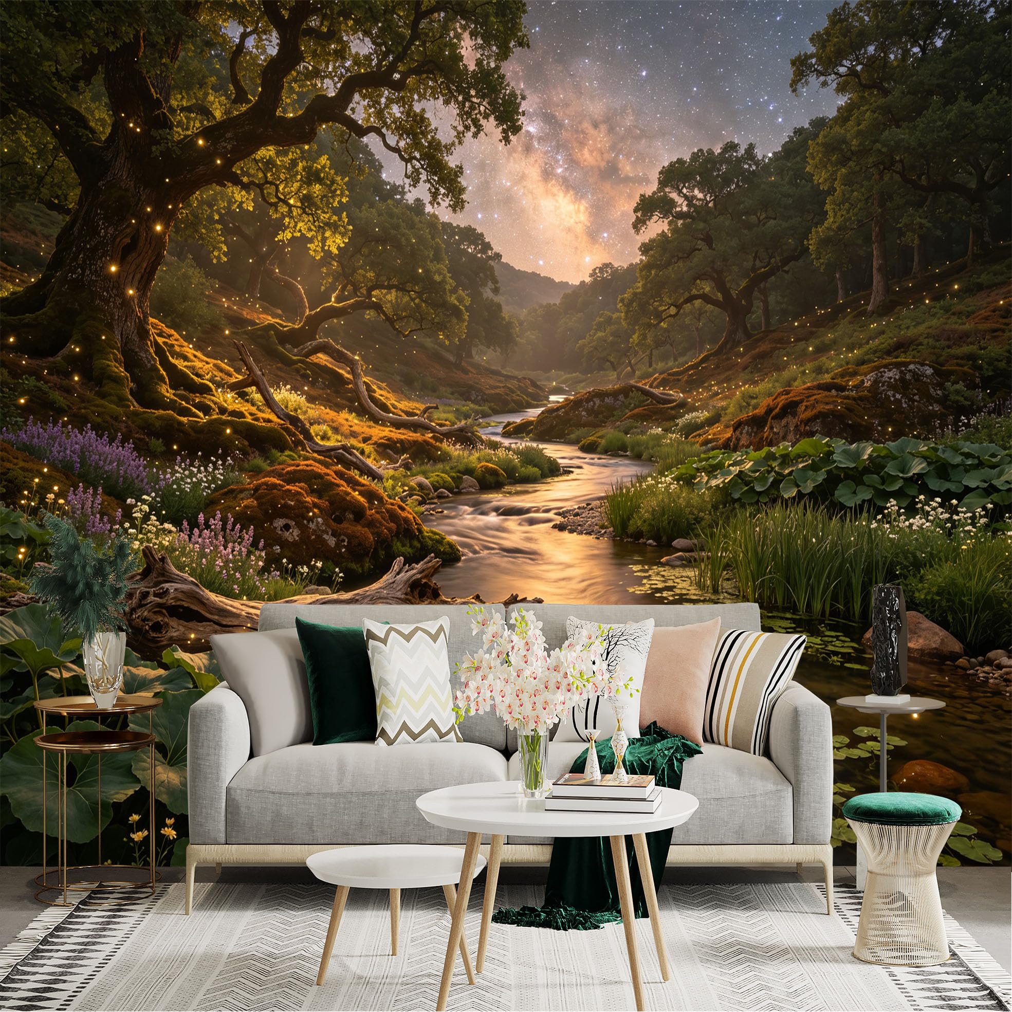 Lnzczhyre Bh260719046 Custom Size Wall Sticker Mural， Enchanted Forest With Flowing River， Glowing Fireflies， Milky Way Night Sky， For Wall Decoration， Peelandstick Wall Decals.