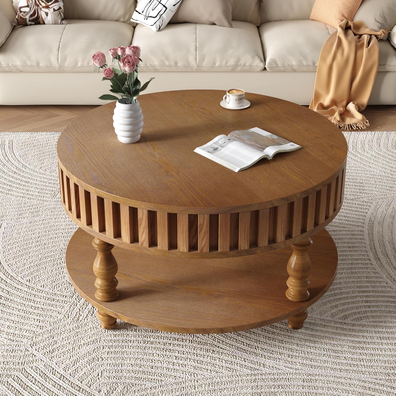 TesNus 31.5'' Round Coffee Table with Storage, Modern Wood Coffee Table for Living Room, Small Center Table with Hidden Compartment & Open Shelf, Farmhouse Boho Mid Century Coffee Tables, Brown