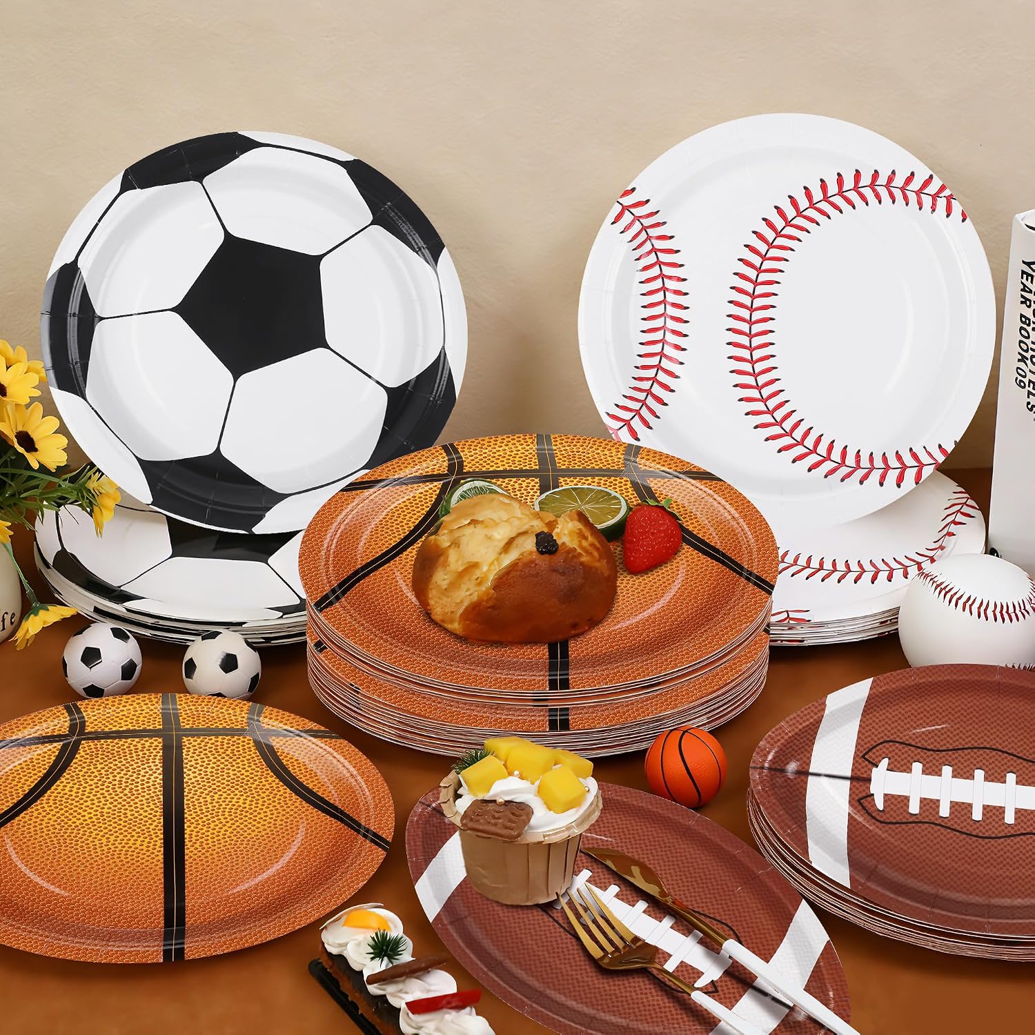 Kochorie 96 Pieces Sports Birthday Party Paper Plates 9 Inch Baseball Basketball Soccer Football Disposable Plates for Sports Theme Birthday Party Supplies Tableware Decorations