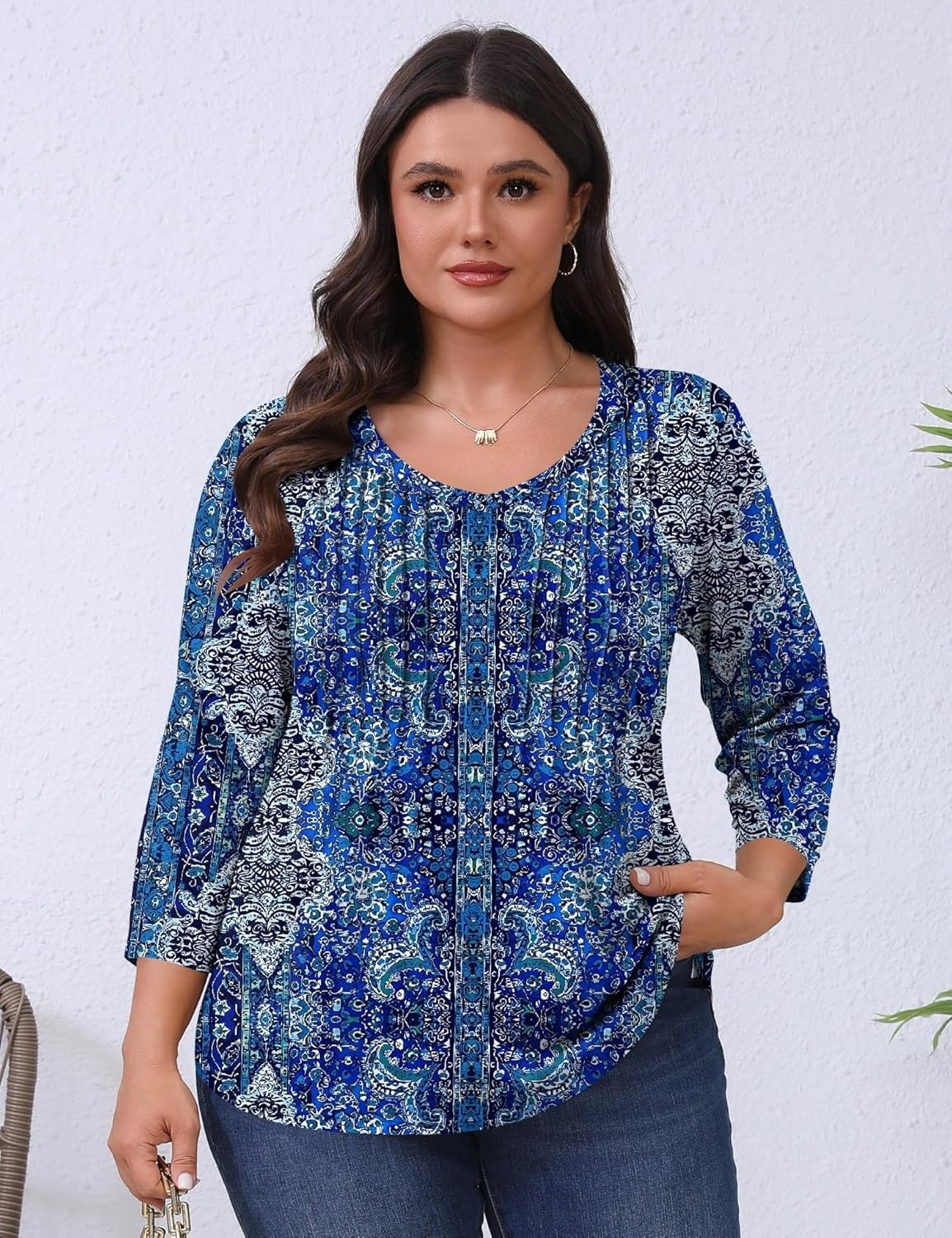 Romanstii Plus Size Tops for Women Womens 2026 Spring 3/4 Sleeve Blouses Dressy Casual V-Neck T-Shirts Pleated Tunic XL-5XL - Image 2