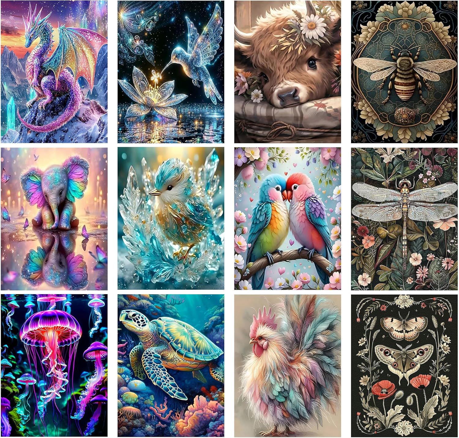 Meothan Multipack Diamond Art Kits for Adults, 12 Pack Animals Diamond Painting Kits for Adults, 5D DIY Round Dimond Gem Art Packs of 12, Home Decor Gift 12x16inch