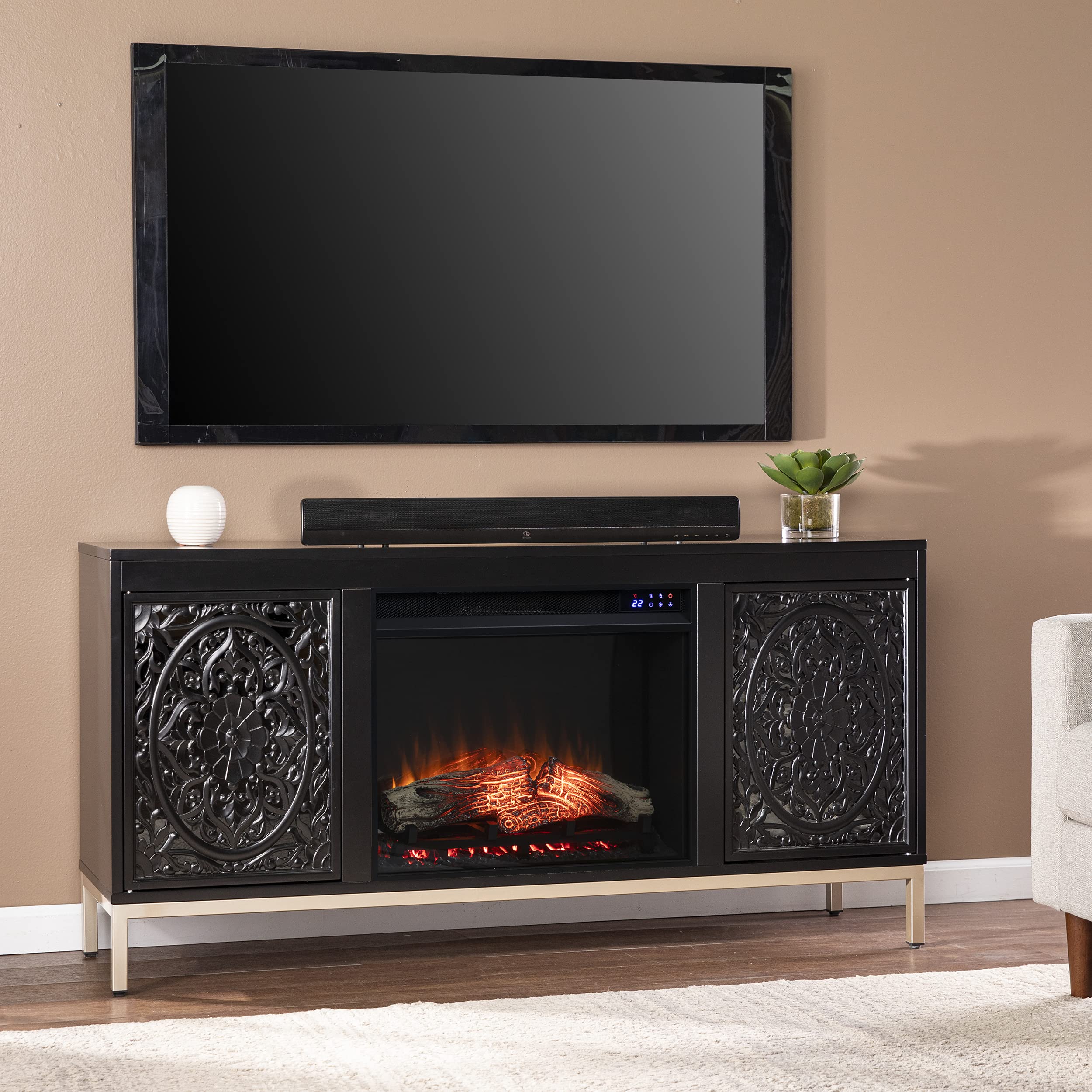 SEI Furniture Winsterly Electric Fireplace TV Stand with Storage for TVs up to 56 Inches, Touch Screen Control Panel, Black