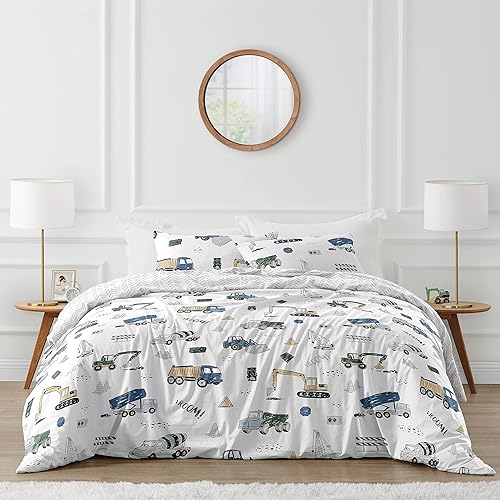 Sweet Jojo Designs Construction Truck Boy - Juego de ropa de cama tamaño matrimonial y Queen para niños, 3 piezas, color gris, amarillo, negro, azul