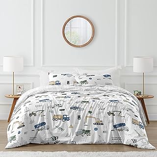 Sweet Jojo Designs Construction Truck Boy Full/Queen Bedding Set Kids Comforter Childrens Size - 3 Pieces - Grey Yellow Black Blue and Green Transportation Chevron Arrow