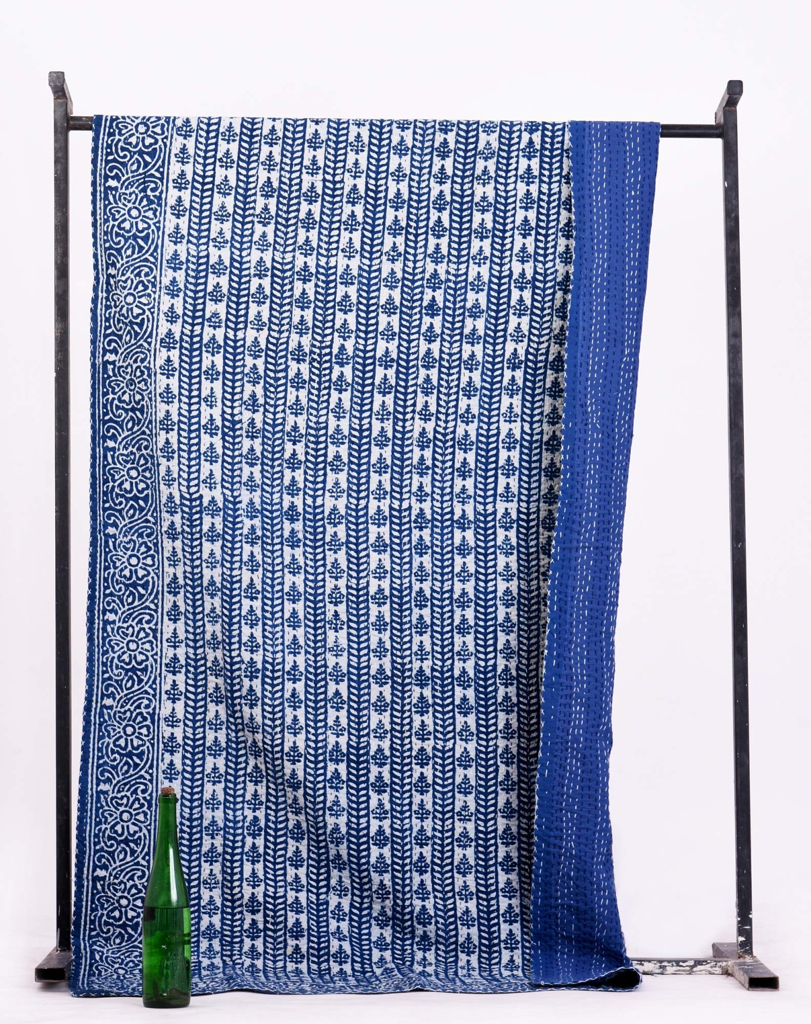 Handicraft-Palace Floral Printed Bedding AC Blanket Gudri Bed Throw Double Bedspread Cotton Coverlet Hand Kantha Quilted Quilt 108" X 90" Inch (Blue)-image-13