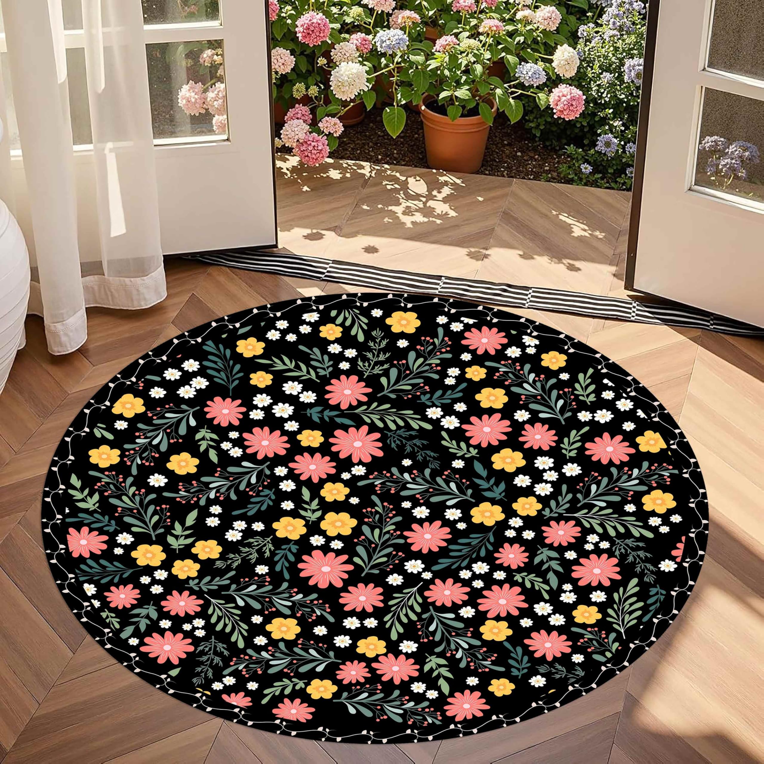 LHOMKCV Boho Floral Round Rugs for Kitchen, 120cm, Modern Colorful Flowers Print Kids Rug, Premium Machine Washable Stain Resistant Black Decor Mat for Bedside Bedroom