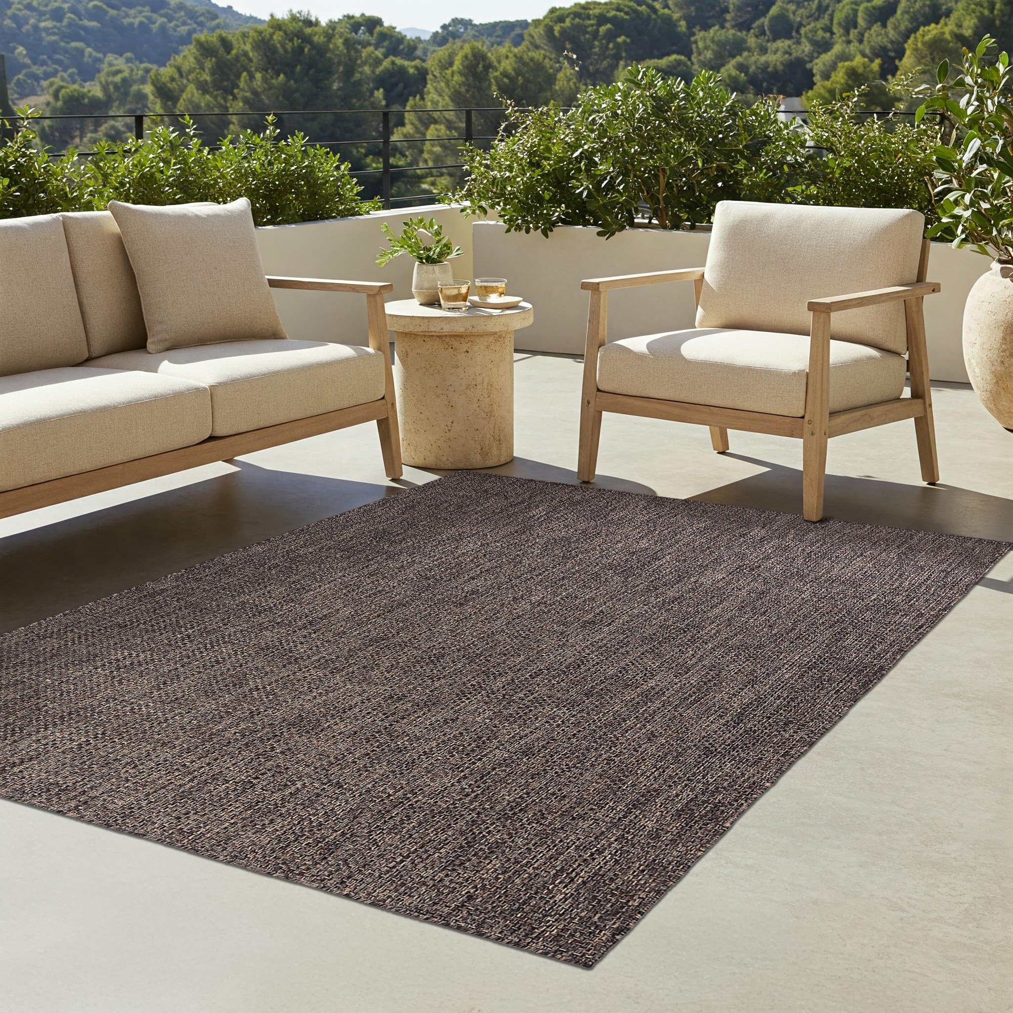 TAPISO Yucana Tappeto da Esterno a Tessitura Piatta Robusto Resistente ai Raggi UV Impermeabile Tappeto per Interni ed Esterni Balcone Terrazza Marrone Scuro Nero mélange 60 x 100 cm