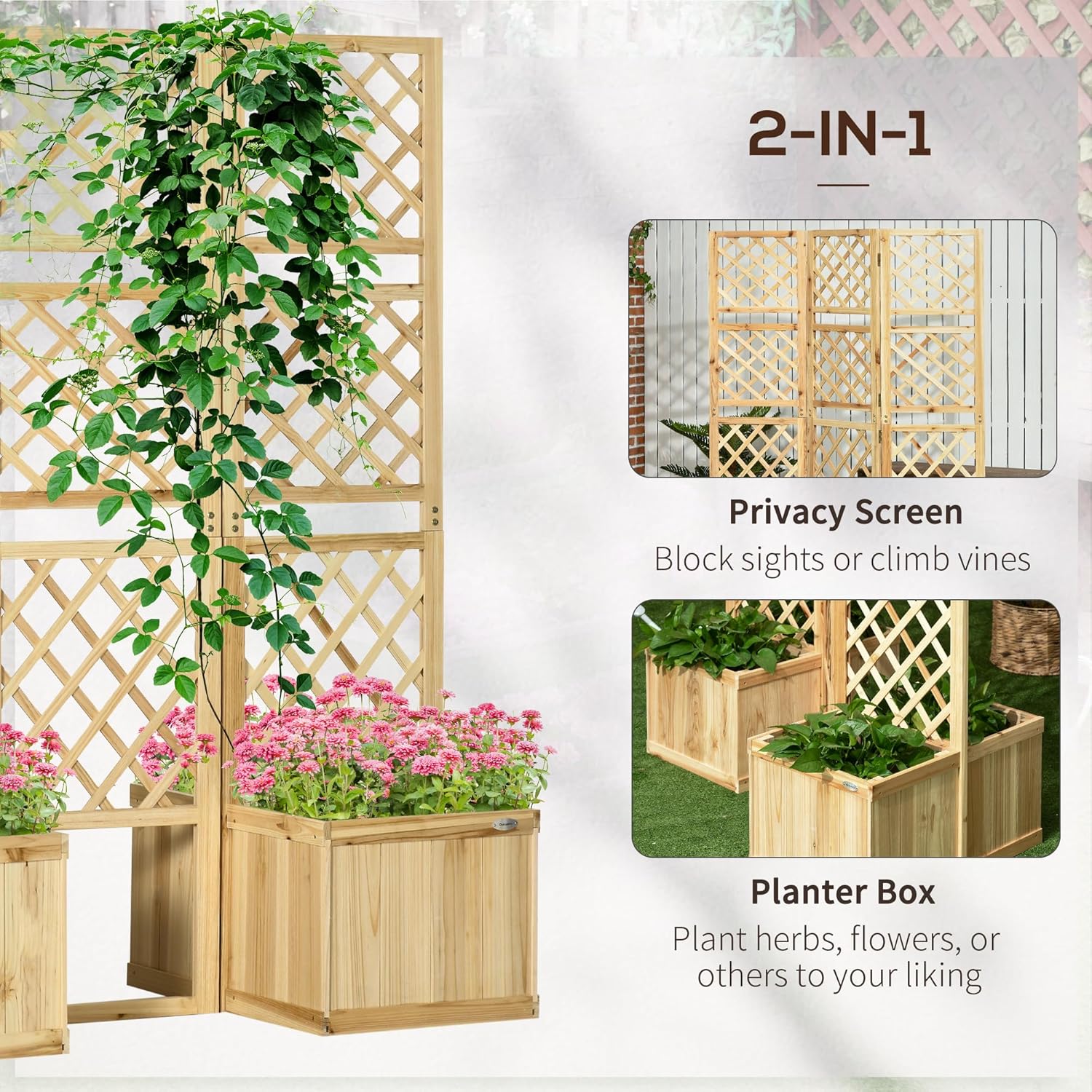 Image showing the 2-in-1 functionality of the privacy screen and planter box, with text overlays.