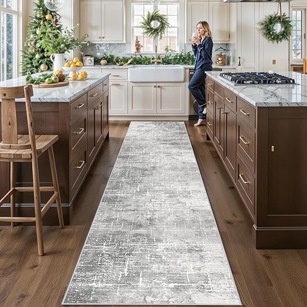 Washable Long Hallway Runner Rug: Non-Slip 2'6x12 Kitchen Rugs Abstract Entryway Bathroom Runner Soft Living Room Bedroom Beside Floor Mat Indoor Farmhouse Carpet for Home Office(2'6x12,Light/Grey)