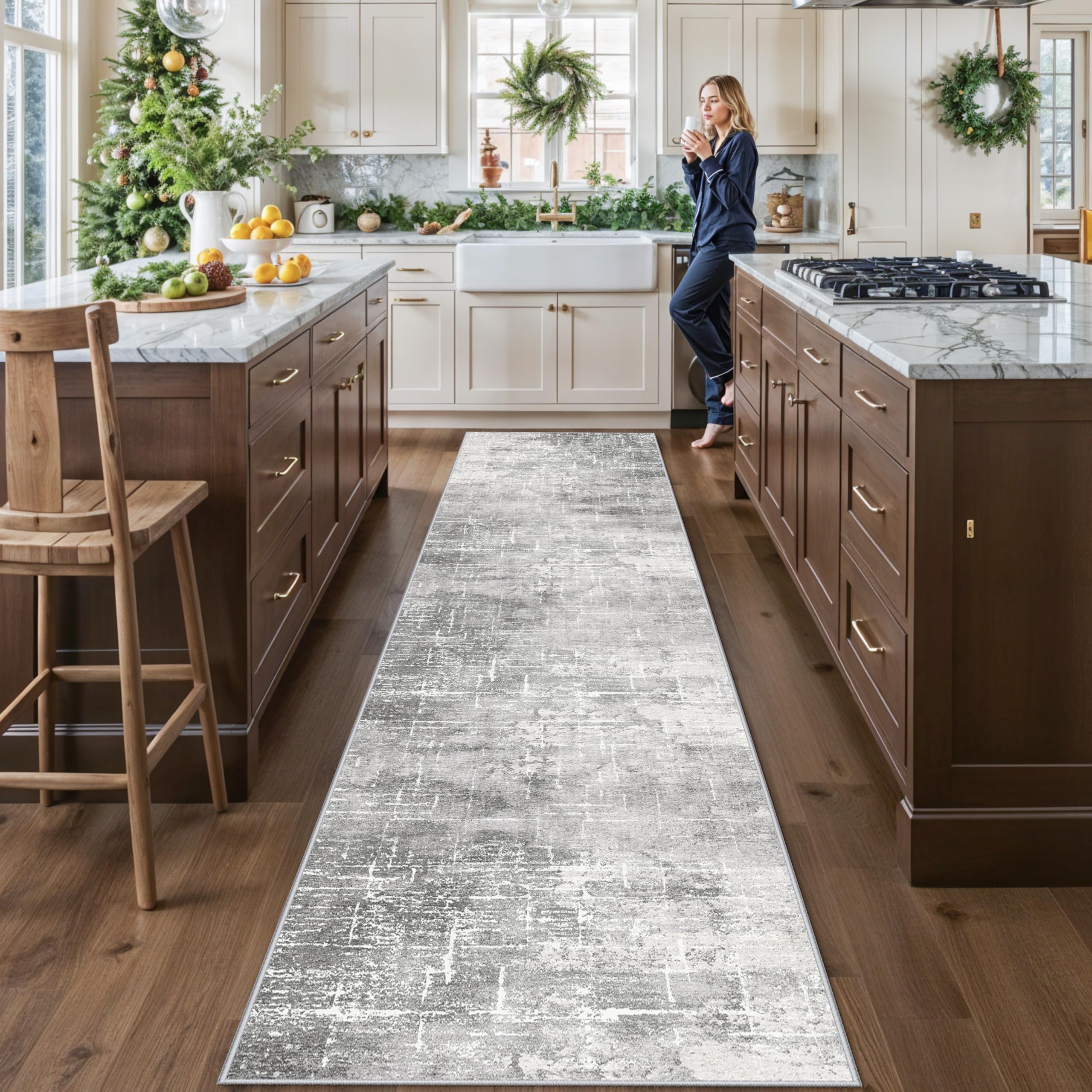 Washable Long Hallway Runner Rug: Non-Slip 2'6x12 Kitchen Rugs Abstract Entryway Bathroom Runner Soft Living Room Bedroom Beside Floor Mat Indoor Farmhouse Carpet for Home Office(2'6x12,Light/Grey)