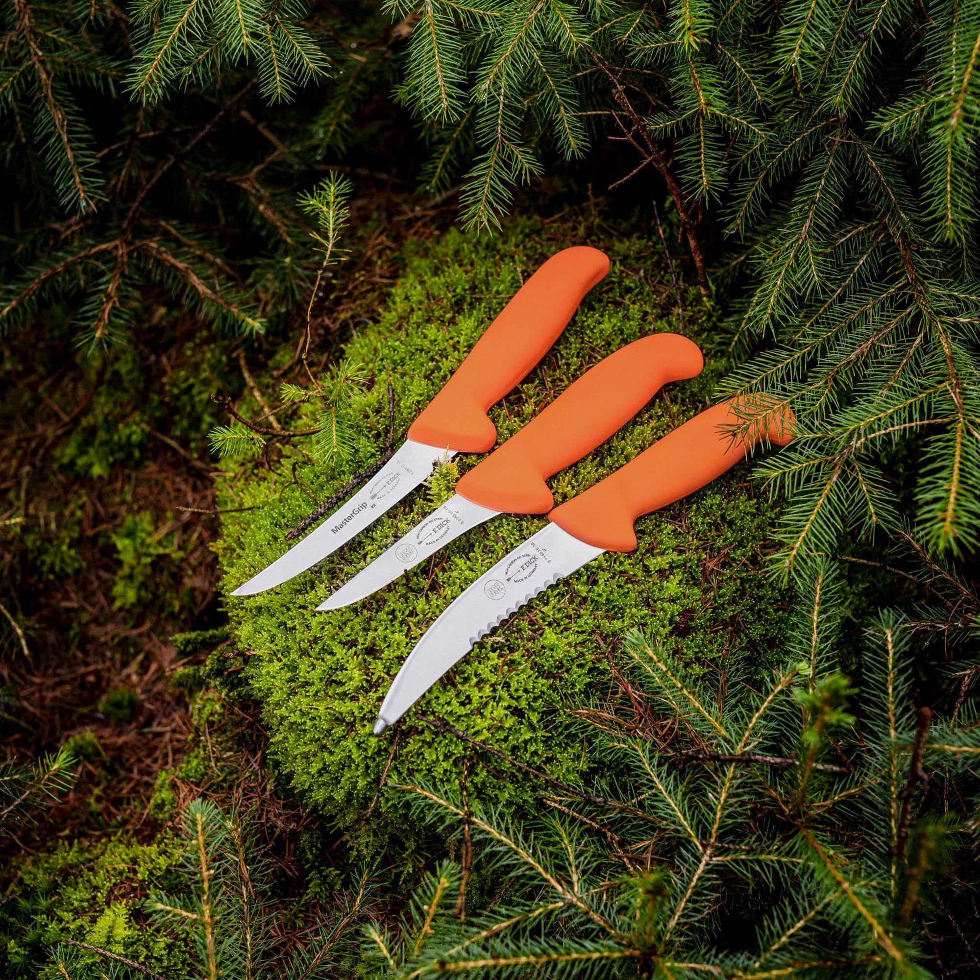 F. Dick Messer Set ErgoGrip 3-teilig „Jagd Outdoor“ (Aufbrechmesser 15 cm, Ausbeinmesser geschweift starr 13 cm, Ringelmesser gerade 10 cm, HRC 56°) 82556200, Orange