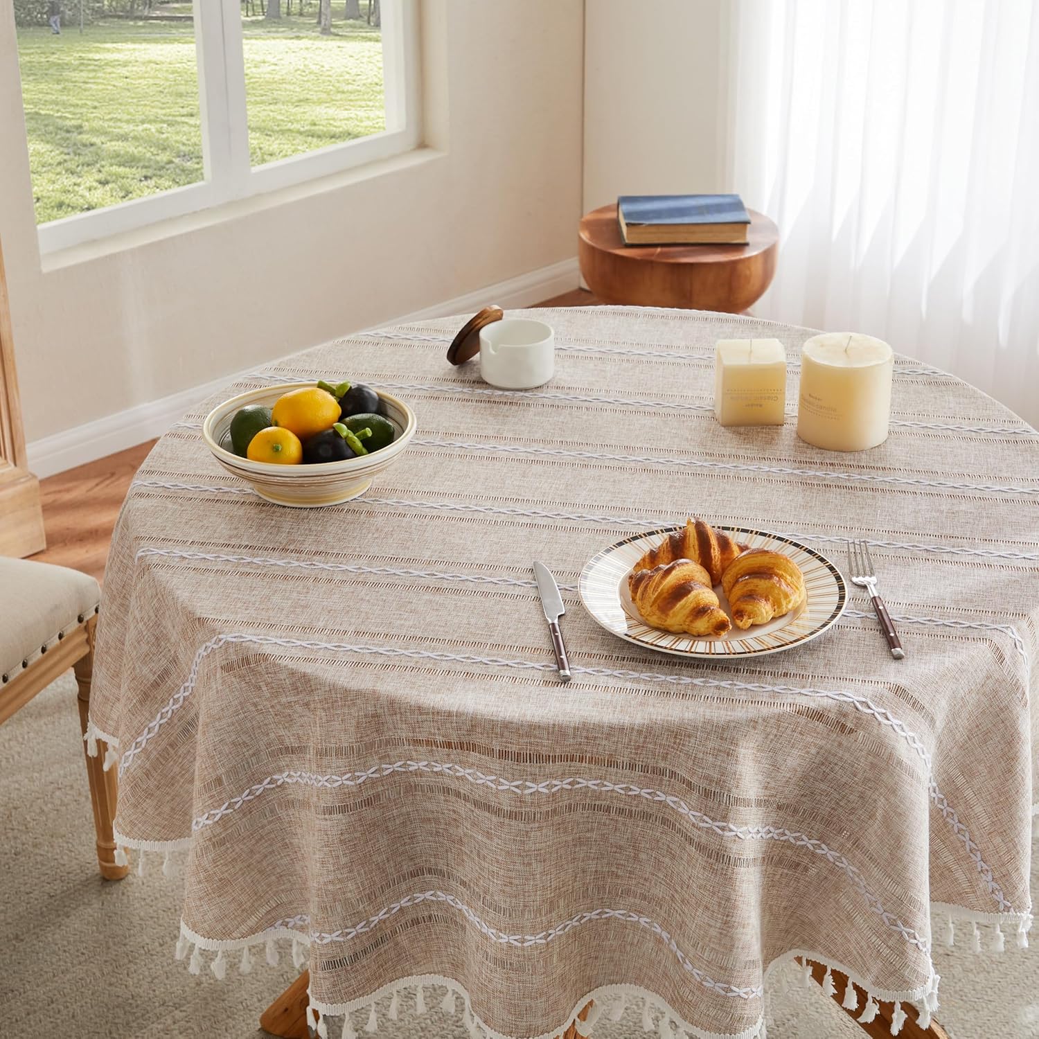 ZeeMart Hemstitched Embroidery Striped Boho Tablecloth 60 Inch Round Natural, Heavy Weight Farmhouse Burlap Linen Neutral Tablecloth, Wrinkle Resistant Washable Table Cloth for Round Table