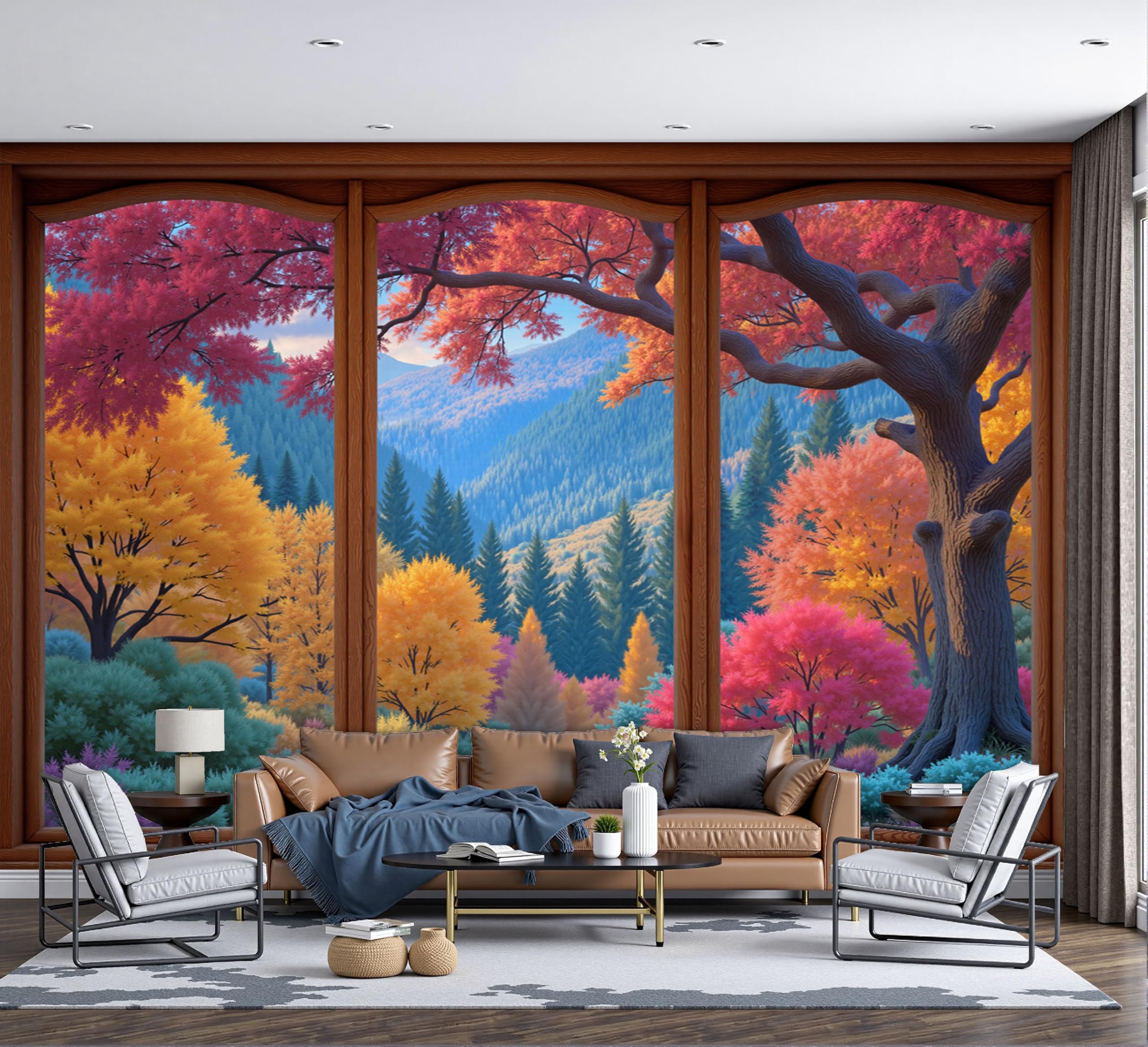 Fresque murale intissée forêt colorée papier peint panoramique salon et chambre 300x210