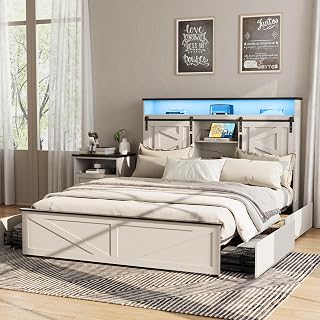 Fameill antique white farmhouse queen storage bed