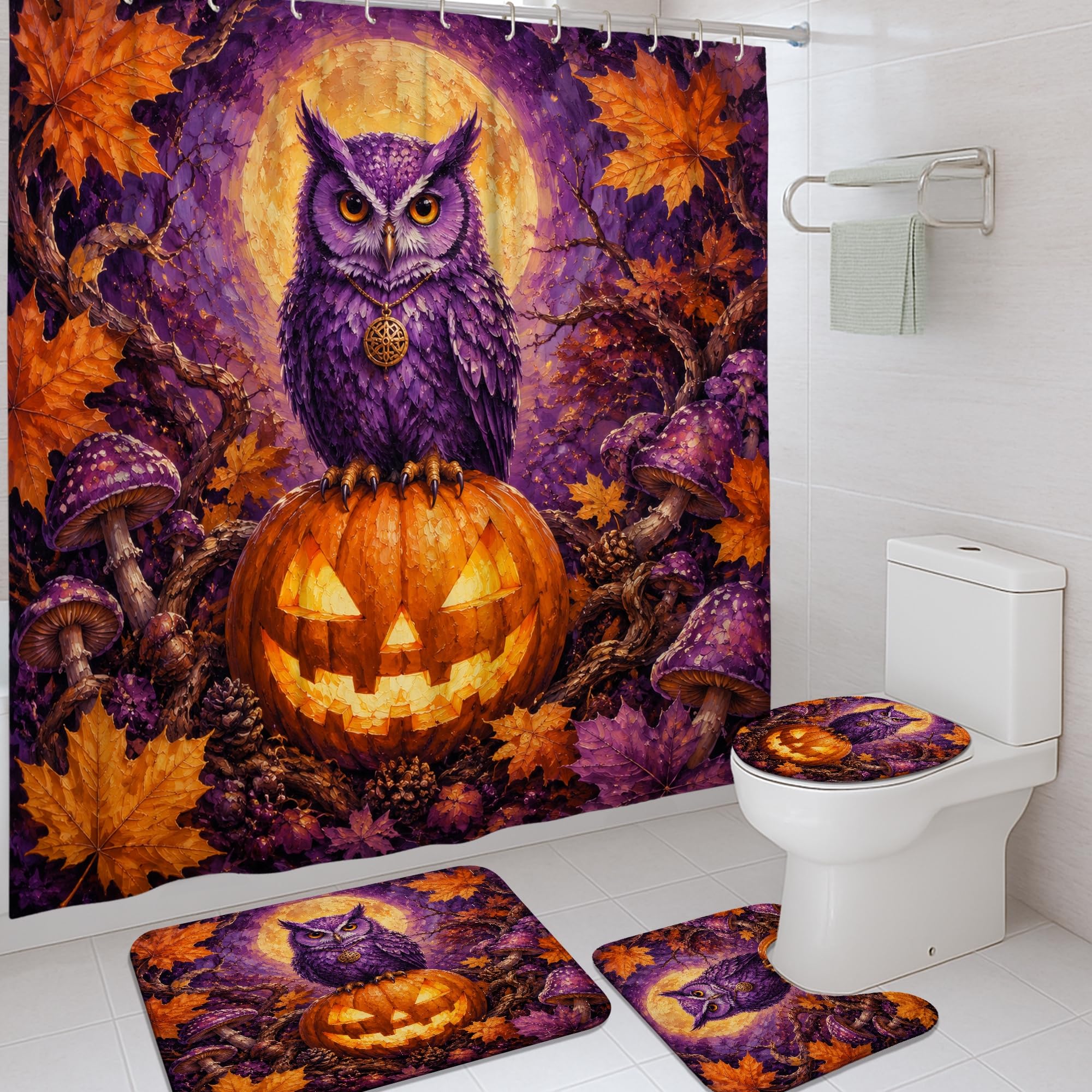 Rideau de douche violet imperméable 183x183 avec tapis motif citrouille