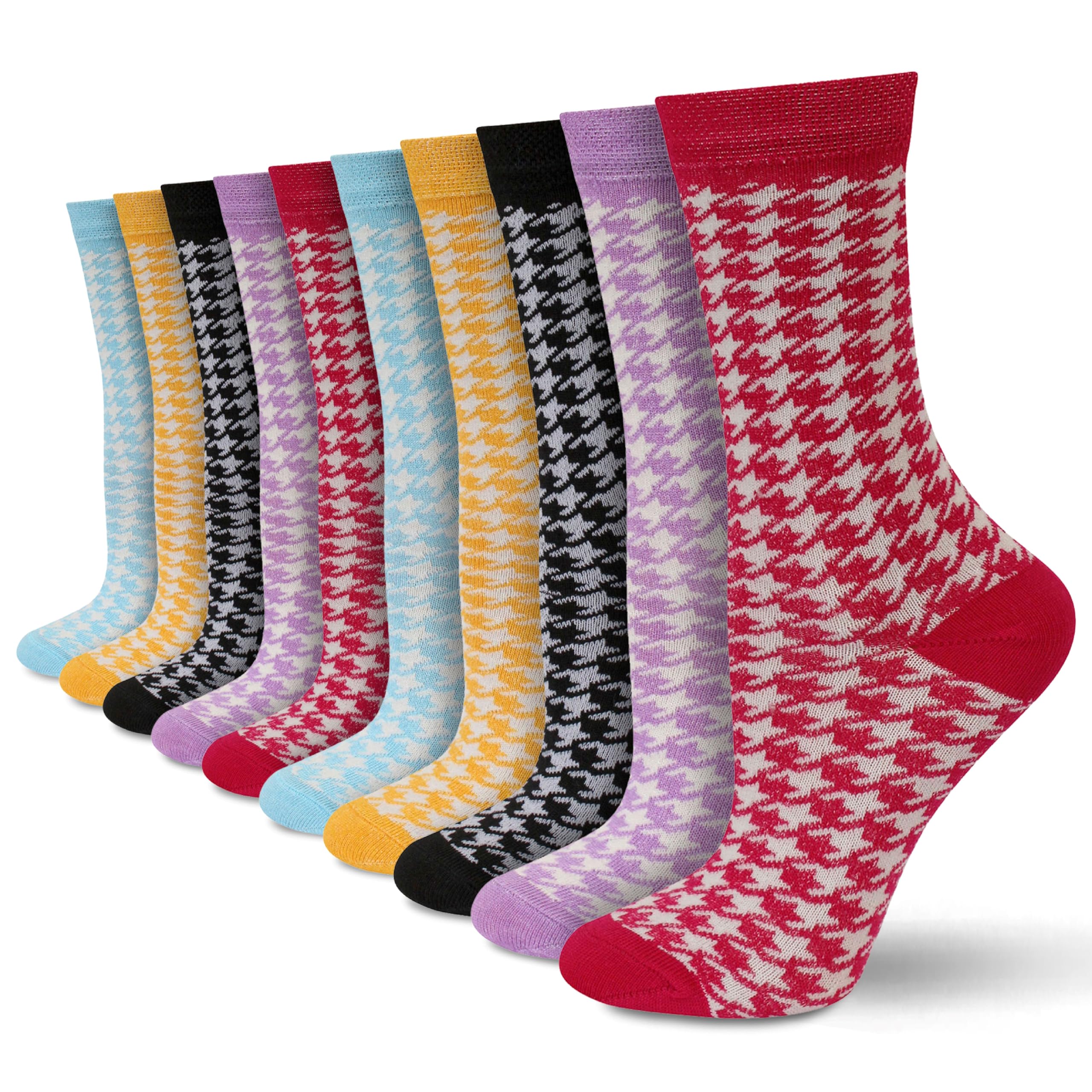 Socksmad Womens Novelty Socks, 4-7 UK - 10 Pairs Multipack - Lightweight, Breathable Cotton Rich - Fun Designs for Work, Events or Casual Wear - Fashion Essentials - (Dogtooth)