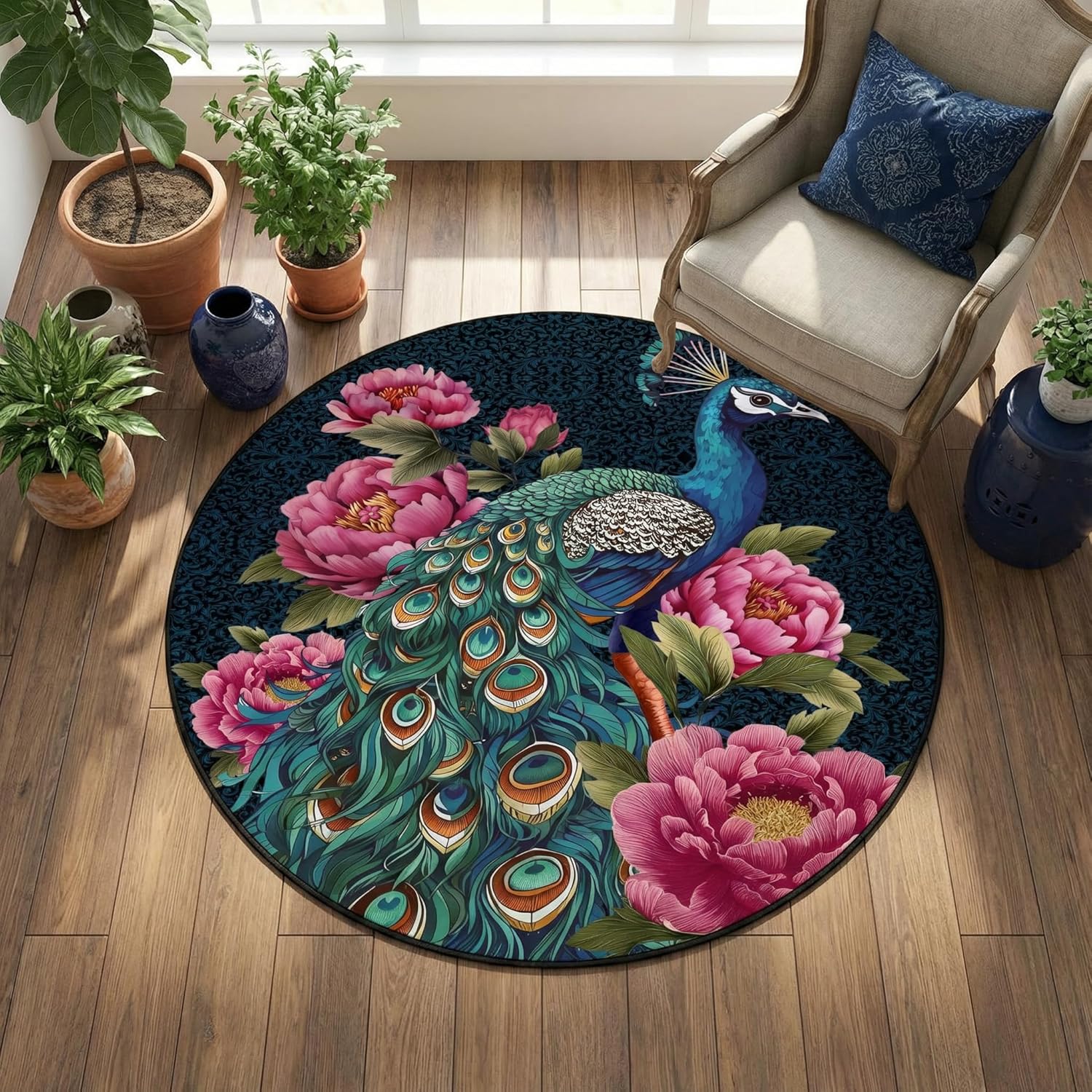 CCoutueChen Peacock 4x4 Washable Round Rug, Boho Vintage Floral Birds Indoor Floor Carpet Mat, Soft Non Slip Low Pile Rug for Kids' Room/Bedroom/Living Room, Navy Blue Brown