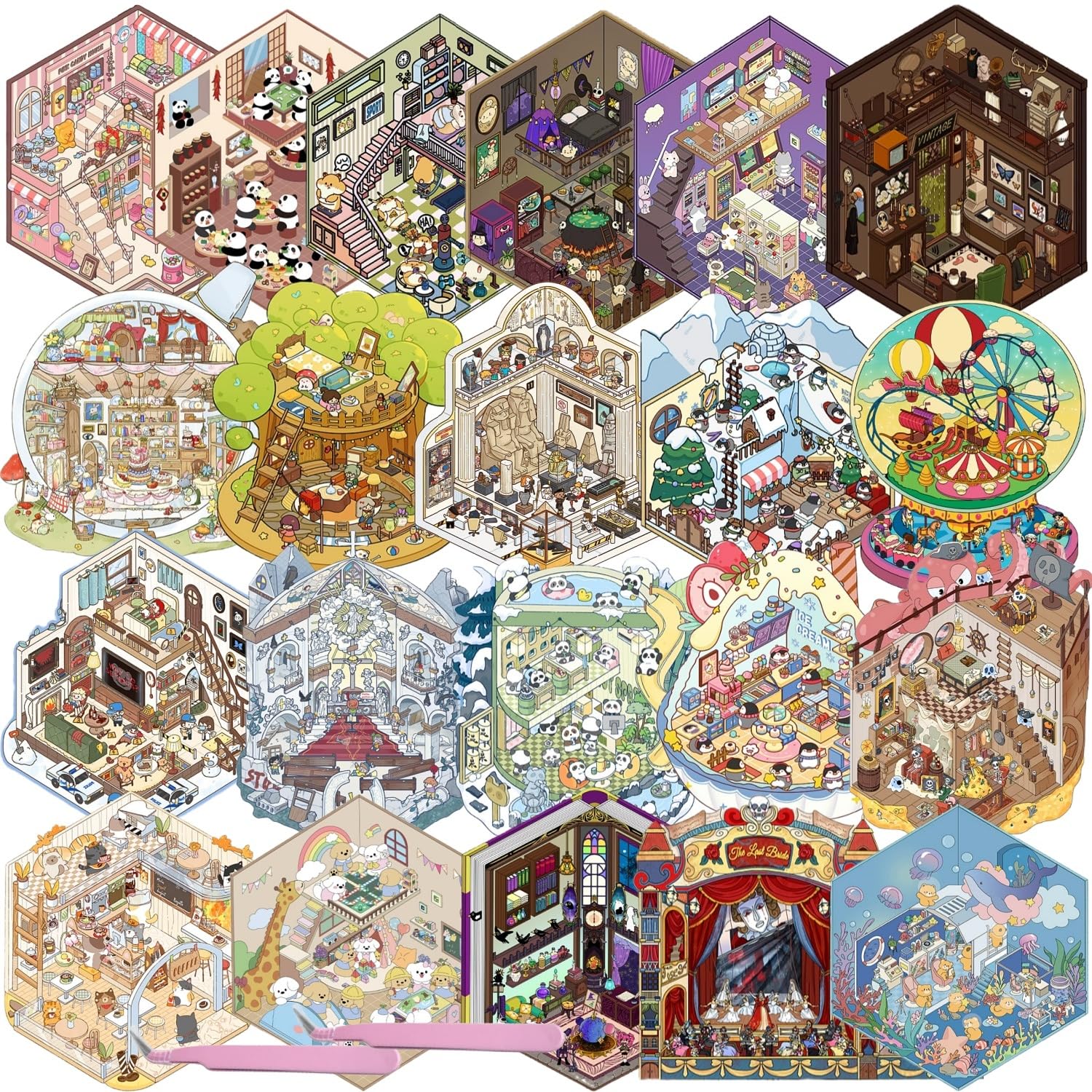 22 Set DIY 3D House Stickers with 2 Tweezers for Teens Adult Therapy Relief Stress Pass The Time,3D DIY Sticker Scene Reusable Make Your Own Miniature Shop Magic Study Room ect
