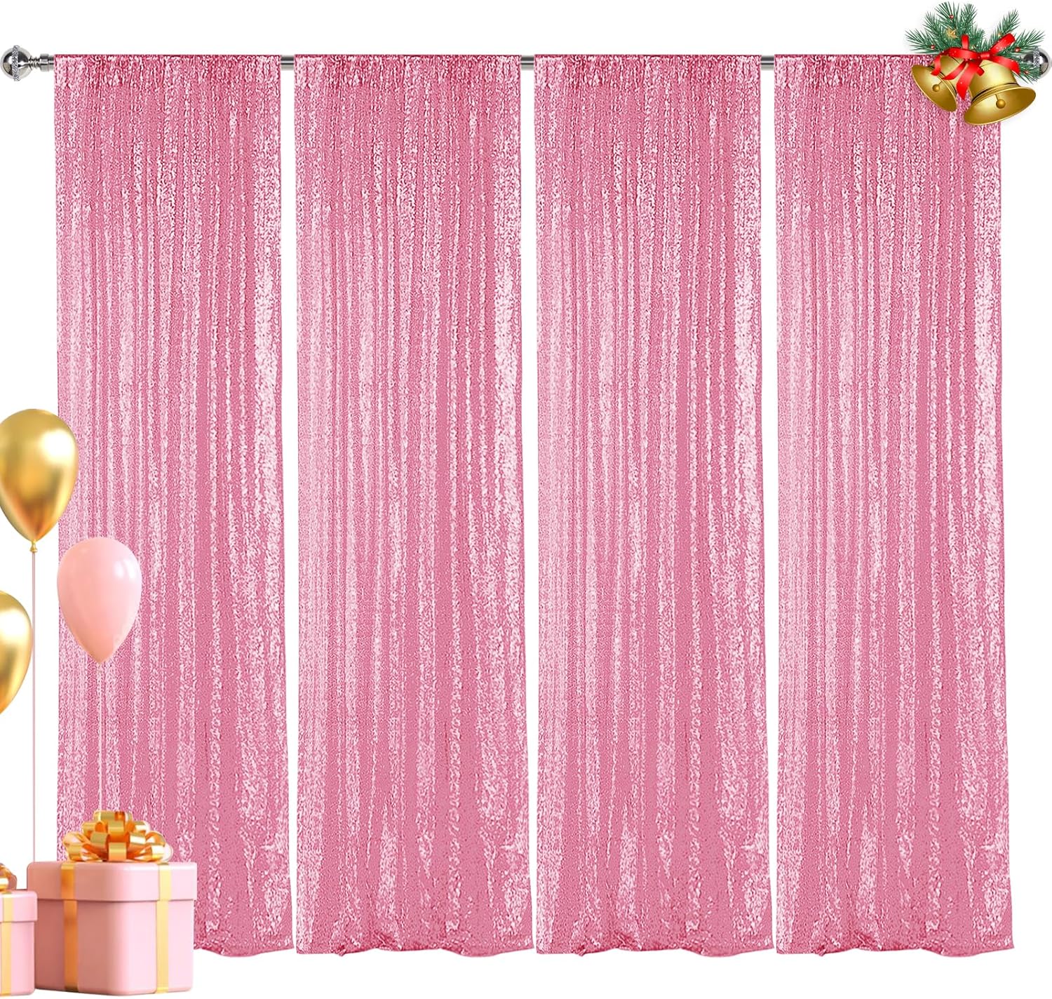 Hahuho Pink Sequin Backdrop Curtain, 4PCS 2FTx8FT Glitter Backdrop Curtain for Parties, Christmas, Wedding, Banquet Decoration(4 Panels, 2FT x 8FT, Pink)