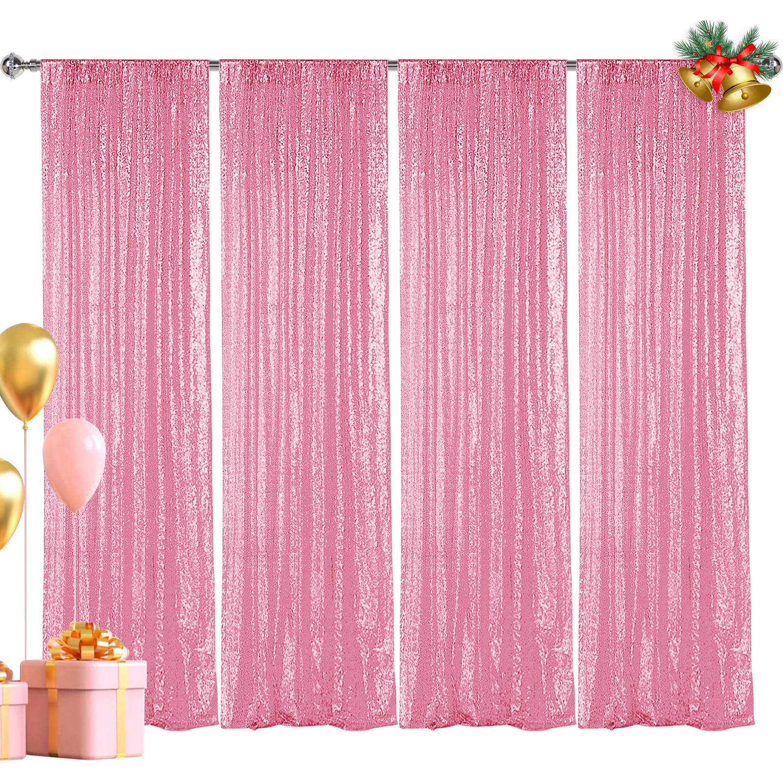 Hahuho Pink Sequin Backdrop Curtain, 4PCS 2FTx8FT Glitter Backdrop Curtain for Parties, Christmas, Wedding, Banquet Decoration（4 Panels, 2FT x 8FT,