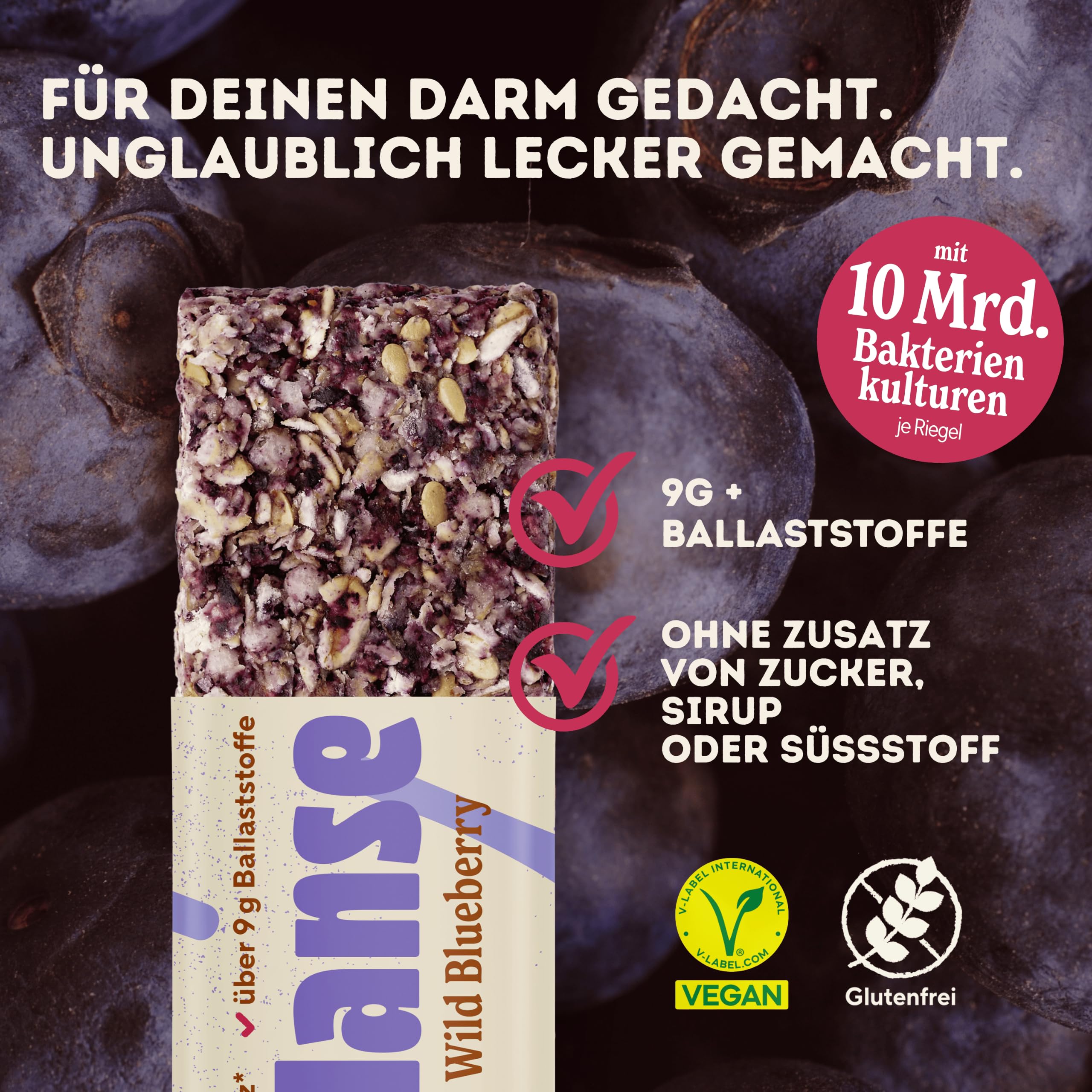 Baelanse® Haferriegel - Ohne Zuckerzusatz, vegan, glutenfrei, nussfrei, ballaststoffreich, mit Bakterienkulturen - Gesunder Snack für Darmgesundheit- 12x40g - Blaubeere