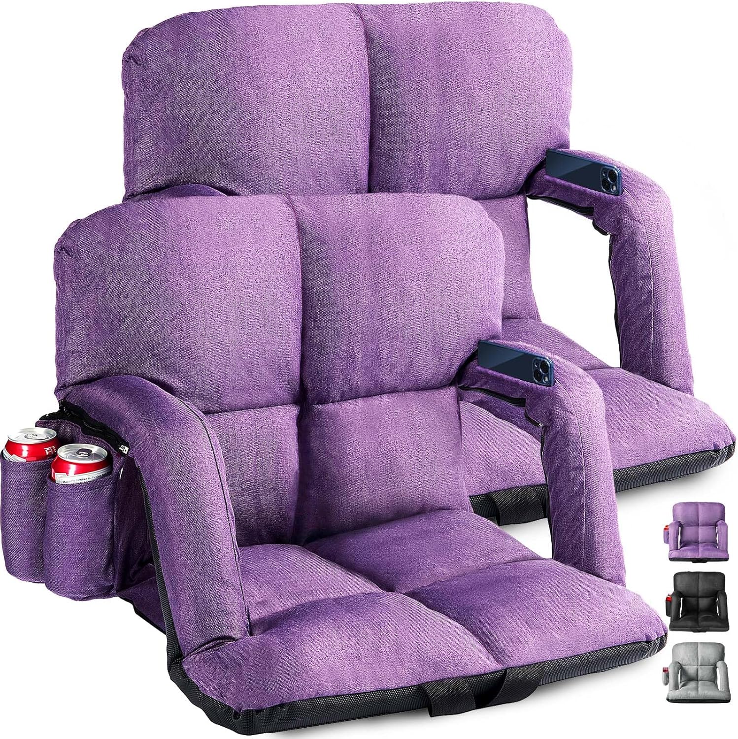 Wide Stadium Seats with Back Support, Bleacher Chairs with Back and Cushion, 6 Reclining Positions, Stadium Chair Bleacher Seat with Armrests for Sport Events, Camping, Concerts