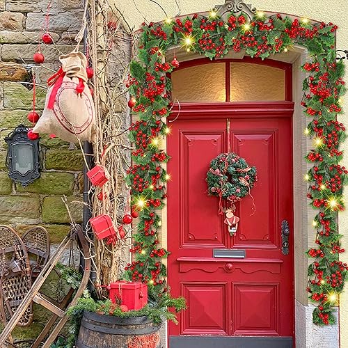 Miniatura 5 de ATDAWN Guirnalda de Navidad iluminada de bayas rojas de 9 pies, guirnalda de Navidad con luces que funciona con pilas, guirnalda artificial flexible