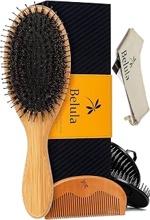 Belula Premium Boar Bristle Hair Brush for Men Set.Styling Mens' Hair Brush with Nylon Pins. Boar Bristle Brush, 2 x Palm Brush, Wooden Comb & Travel Bag Included.