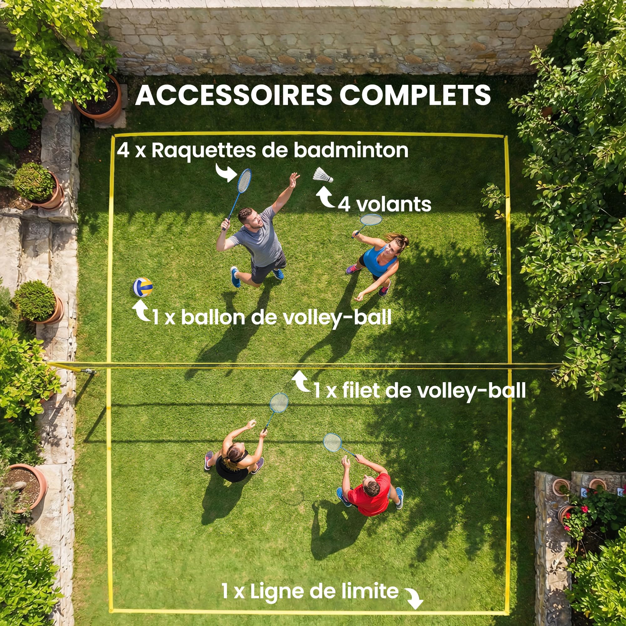SPORTNOW Set di pallavolo e Badminton, pali in acciaio regolabile in altezza, pallone da pallavolo, rete Badminton portatile, 4 racchette da neve, 4 volant, borsa per il trasporto, per prato spiaggia