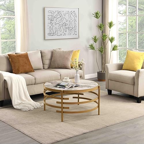 Miniatura 8 de Mesa de centro redonda de 32.5 pulgadas, elegante mesa de centro de piedra sinterizada con marco de metal plateado irregular, moderna mesa de té de