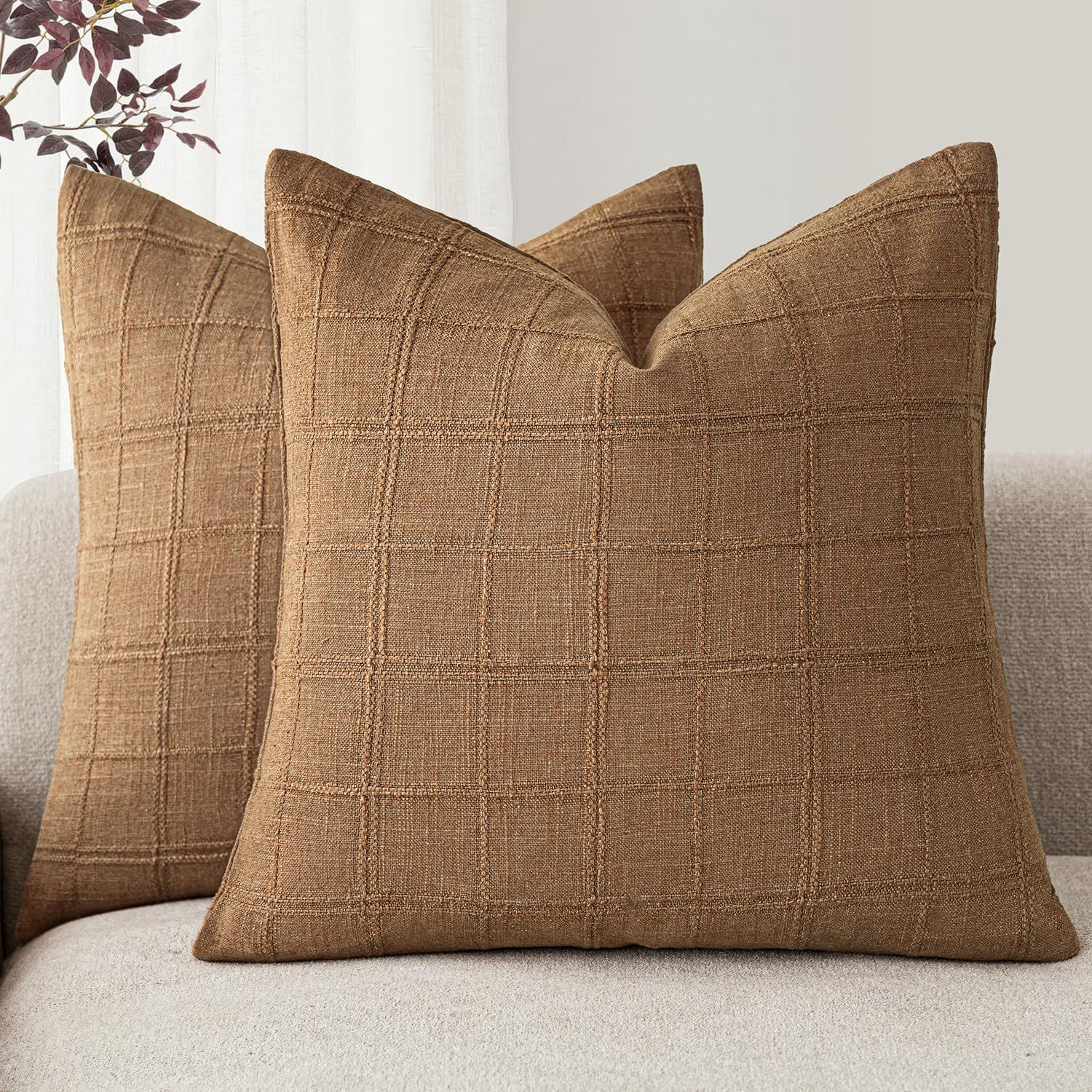 Foindtower Boho Linen Check Decorative Throw Pillow Covers 26×26 Inch,Brick