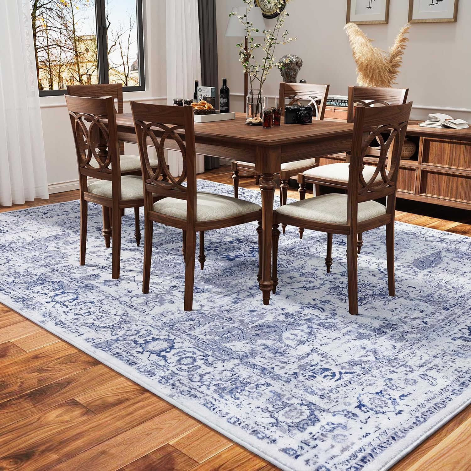 Keeko 5x7 Area Rugs for Living Room Bedroom, Large Vintage Machine Washable Rugs Soft Fluffy Indoor Accent Print Rug Non Shedding Non Slip Floral Carpet Rug for Office Dining Room Decor Blue