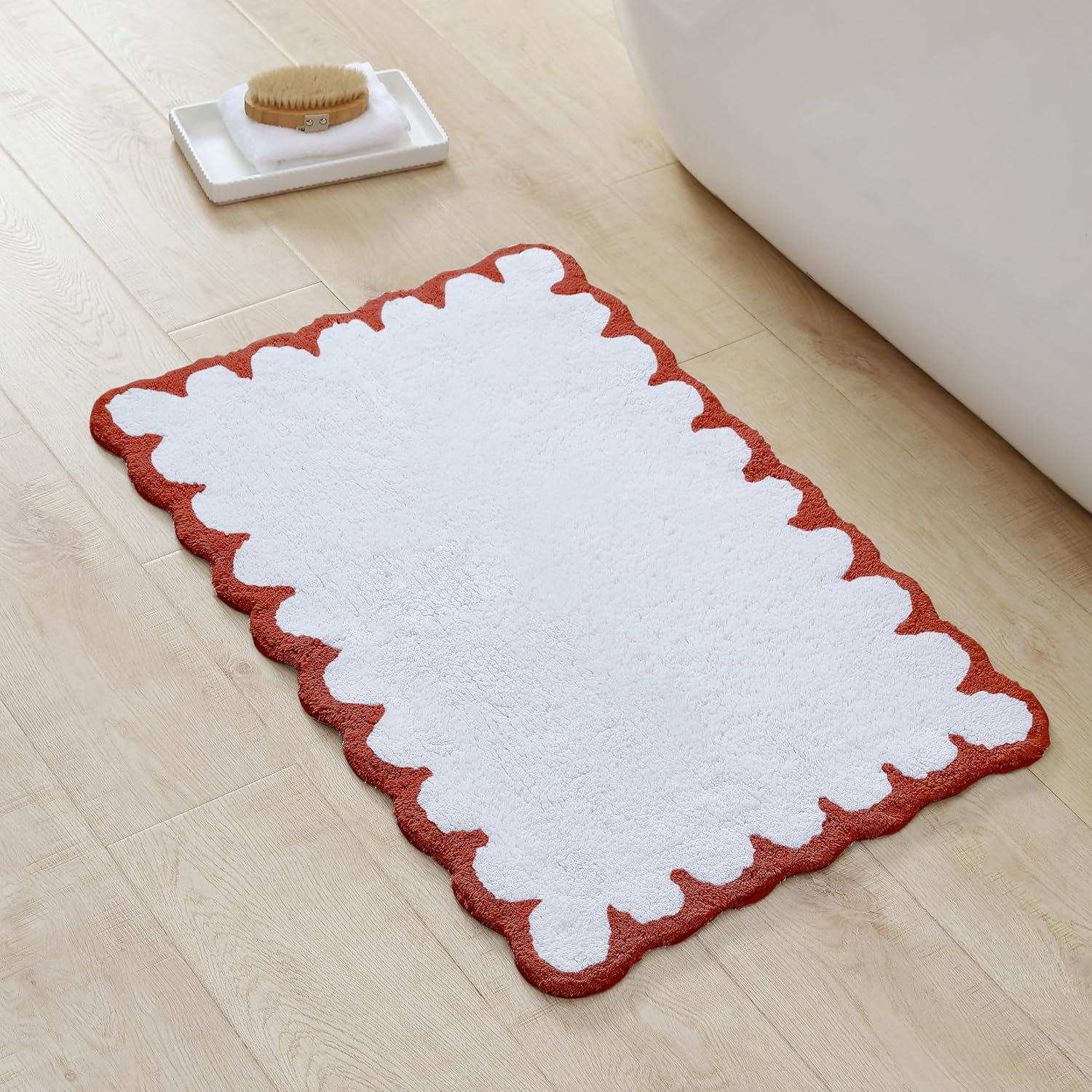Peri Home Scalloped Bath Rug - Soft & Absorbent 100% Cotton Tufted Bath Mat, 20" x 30", White with Chili Red Scallop