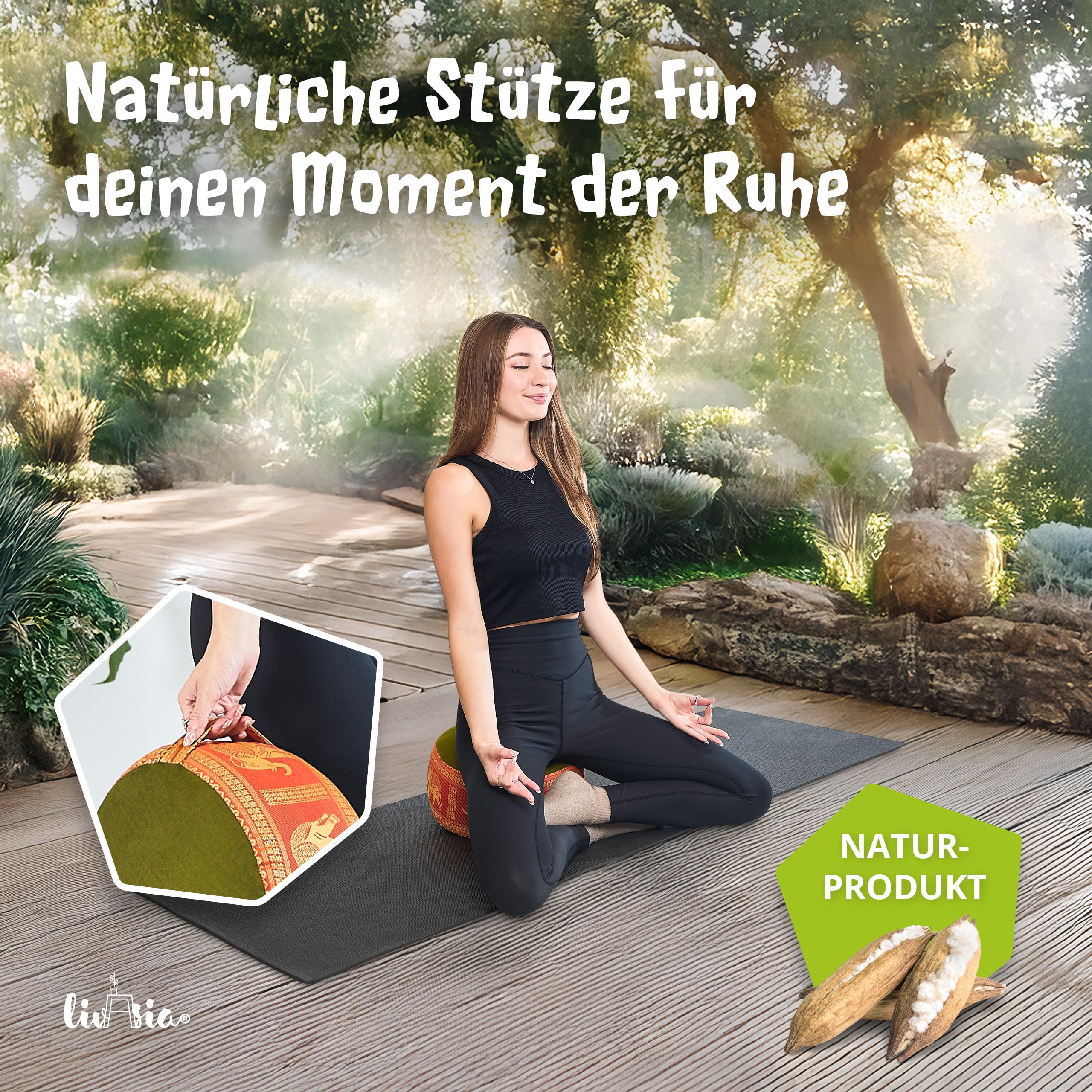 livasia Meditationskissen Thaiseide - Ø 32x20cm - Yogakissen klein mit Kapok, Pouf, Bodenkissen Yoga Zen Meditation, Sitzkissen Garten Balkon, Zafukissen handgefertigt