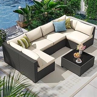 7 Piece Outdoor Patio Furniture Set, Outdoor Sectional Furniture, Rattan...