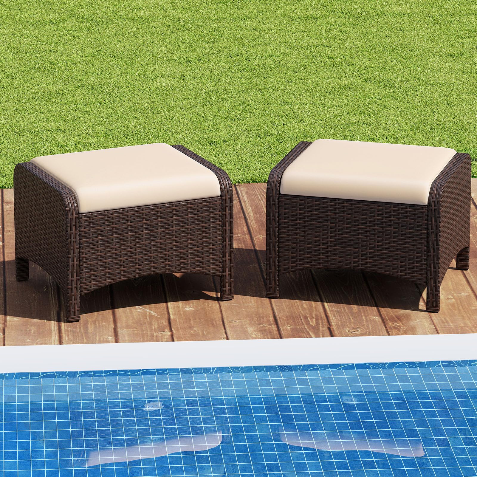 COSTWAY 2er Set Fußhocker Rattan, Sitzhocker mit abnehmbarem Kissen, Rattanhocker wetterfest, Gartenhocker für Garten, Balkon, Terrasse (Beige)