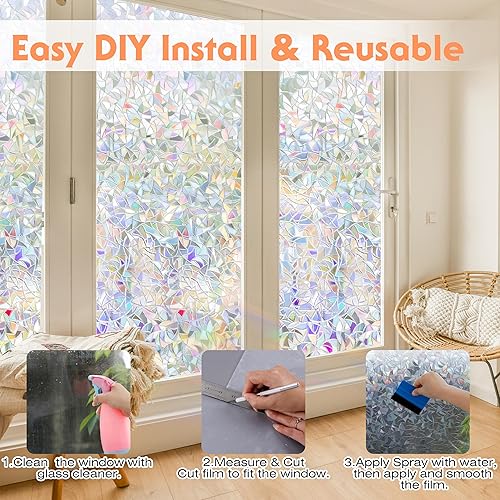 Miniatura 6 de Película decorativa 3D de privacidad para ventana, diseño de arco iris, película decorativa de vinilo anti rayos UV, estática, película no adhesiva