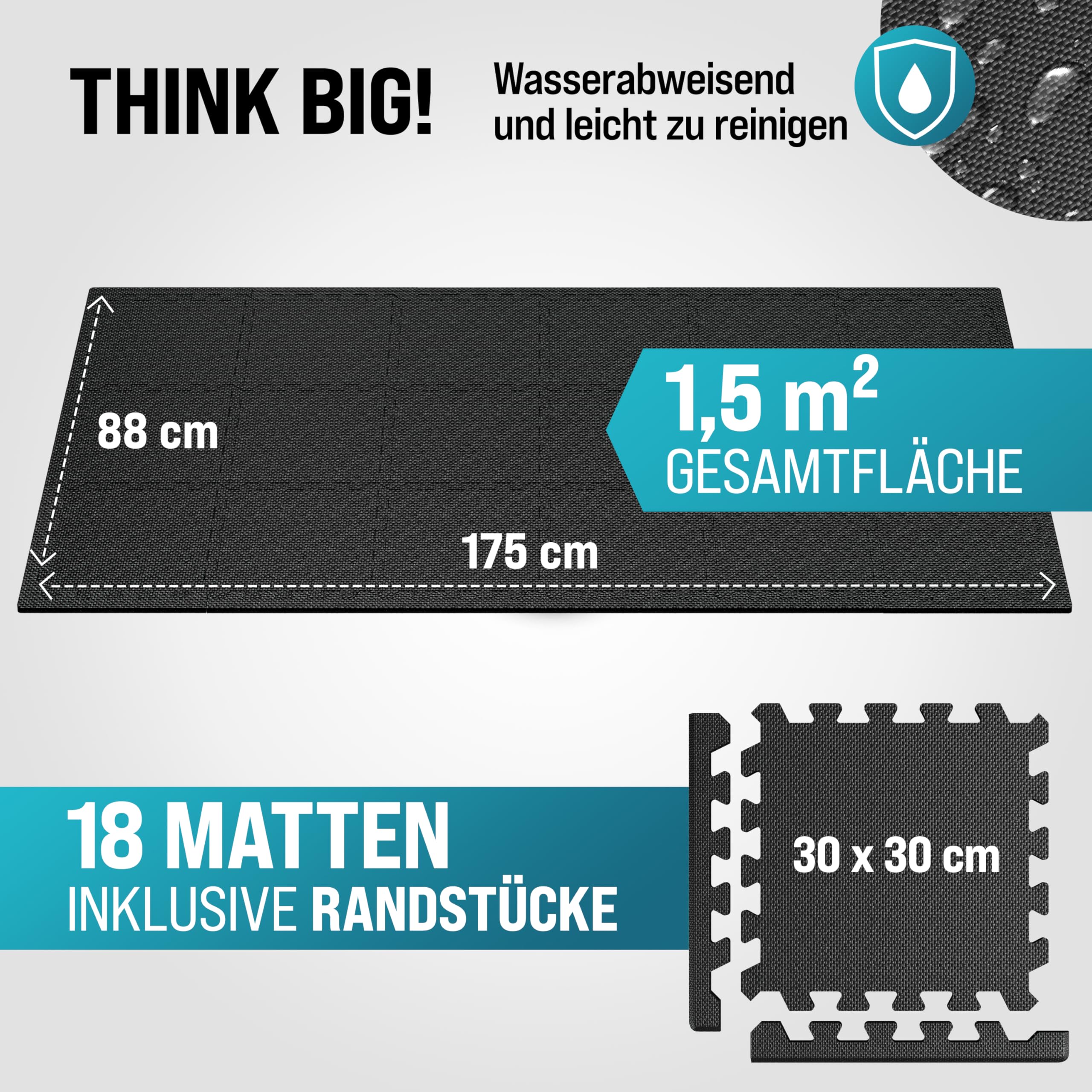MONZANA® 18x Bodenschutzmatten Fitness & Pool mit Randstücken 30 x 30 cm 1,5 qm rutschfest Eva-Schaumstoff Puzzlematte Trainingsmatten Fitnessgeräte