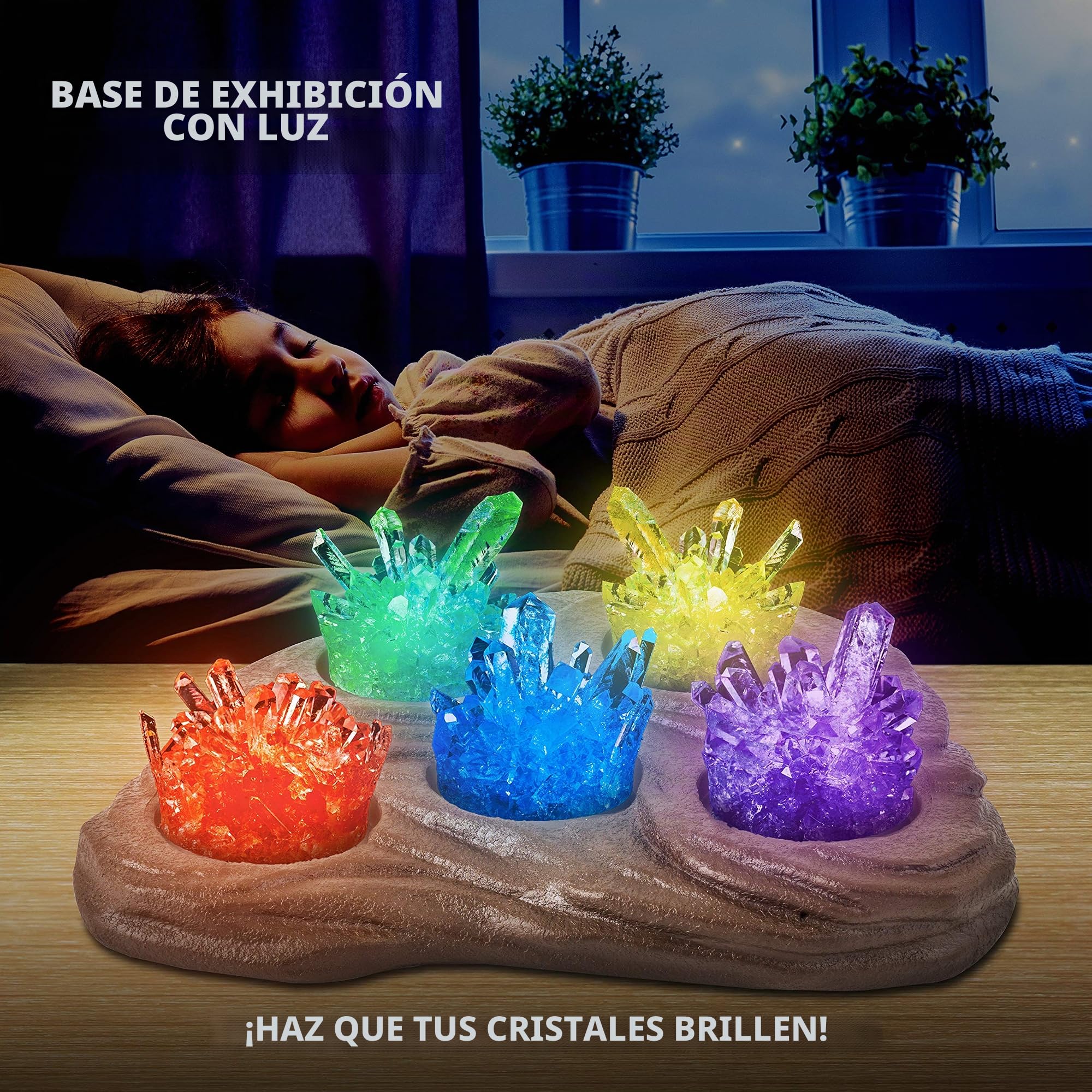NATIONAL GEOGRAPHIC Mega Kit de Cultivo de Cristales - Cultive 6 Cristales Rápidamente (3–4 Días), con Exhibidor Iluminado, 4 Muestras de Cristal Genuino, Kit Científico Exclusivo de Amazon