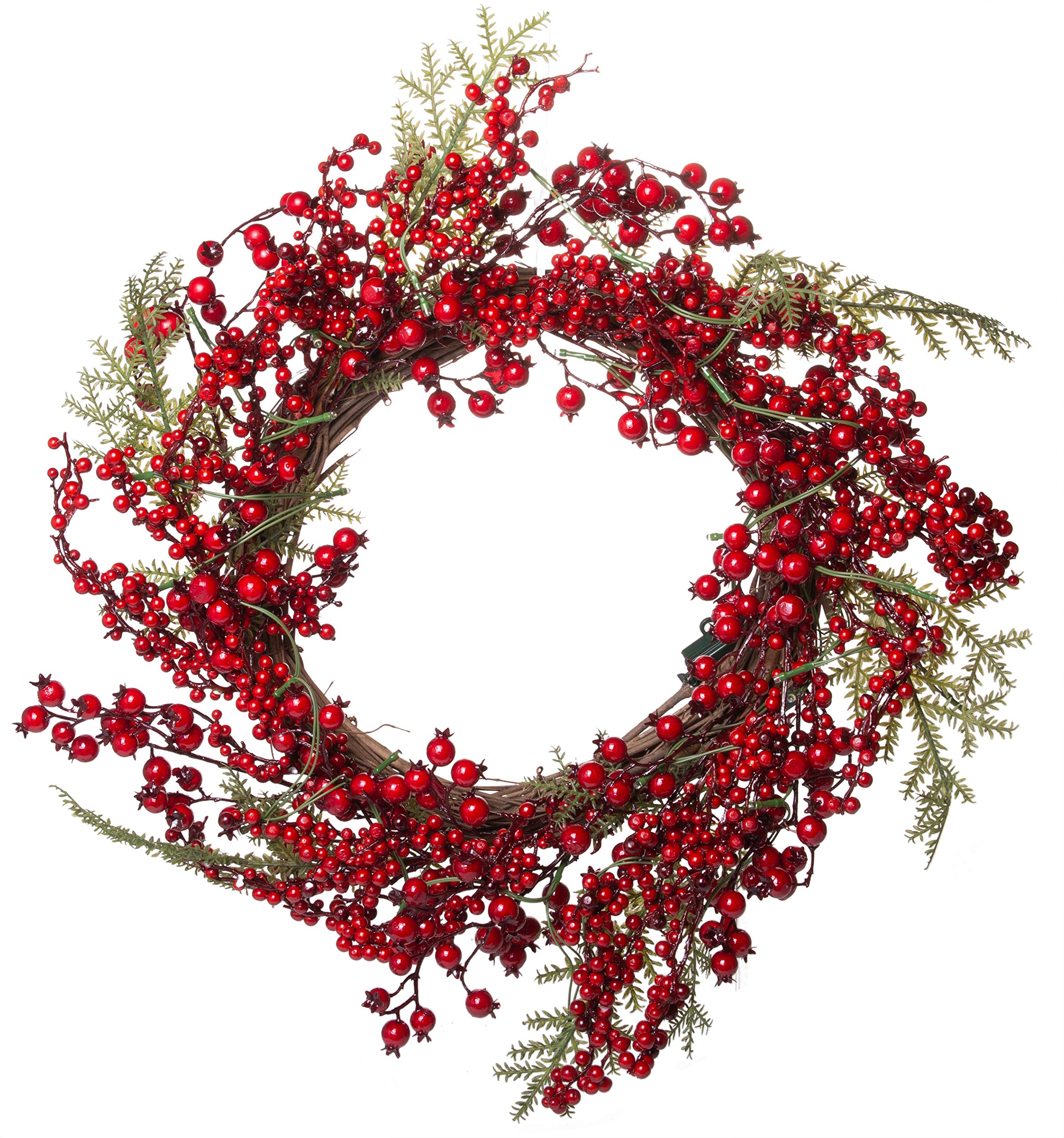 Red Co. 22” Light-Up Christmas Wreath with Red Cranberries, Battery-Operated LED Lights with Timer