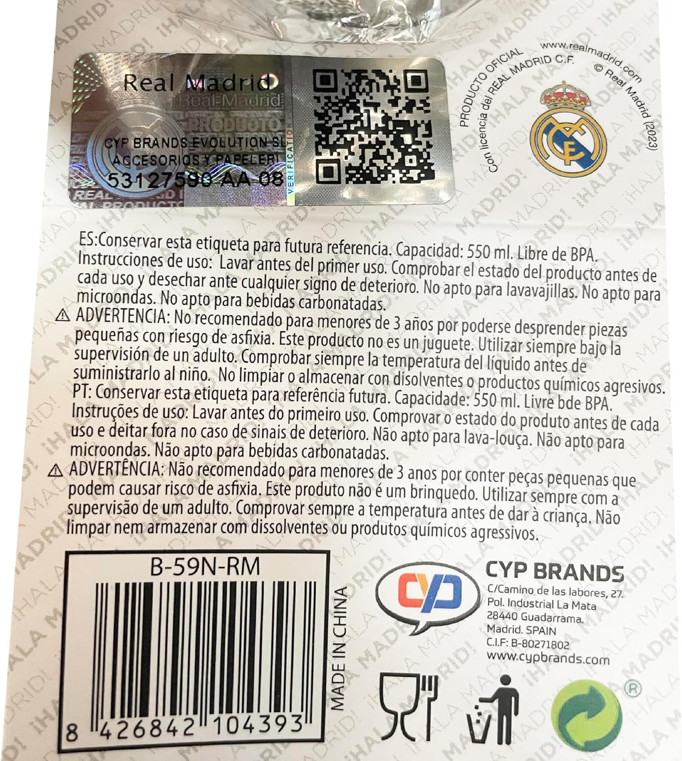 CYP BRANDS Real Madrid Steel Sports Water Bottle, 550ml, Silver, Official Product